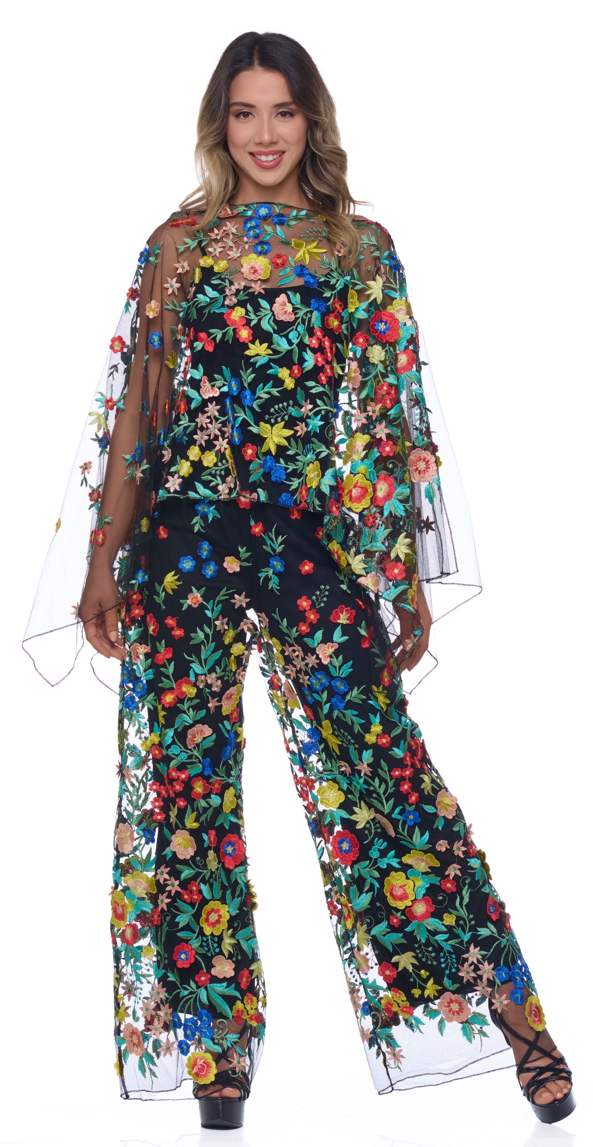 Sheer Black Mesh w/ Multi-Color Embroidery Shawl