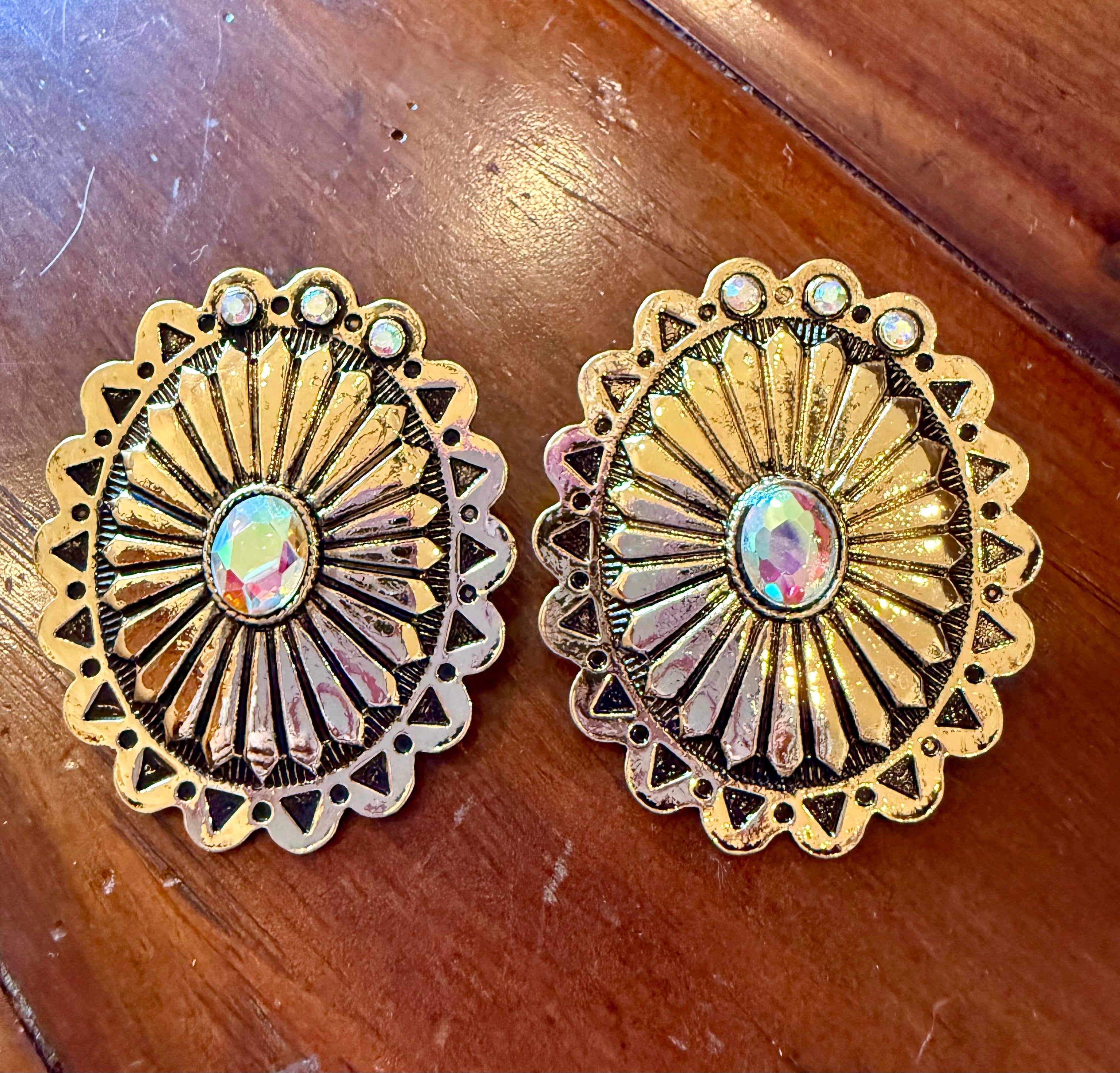 Gold Oval Concho & Crystal Earrings