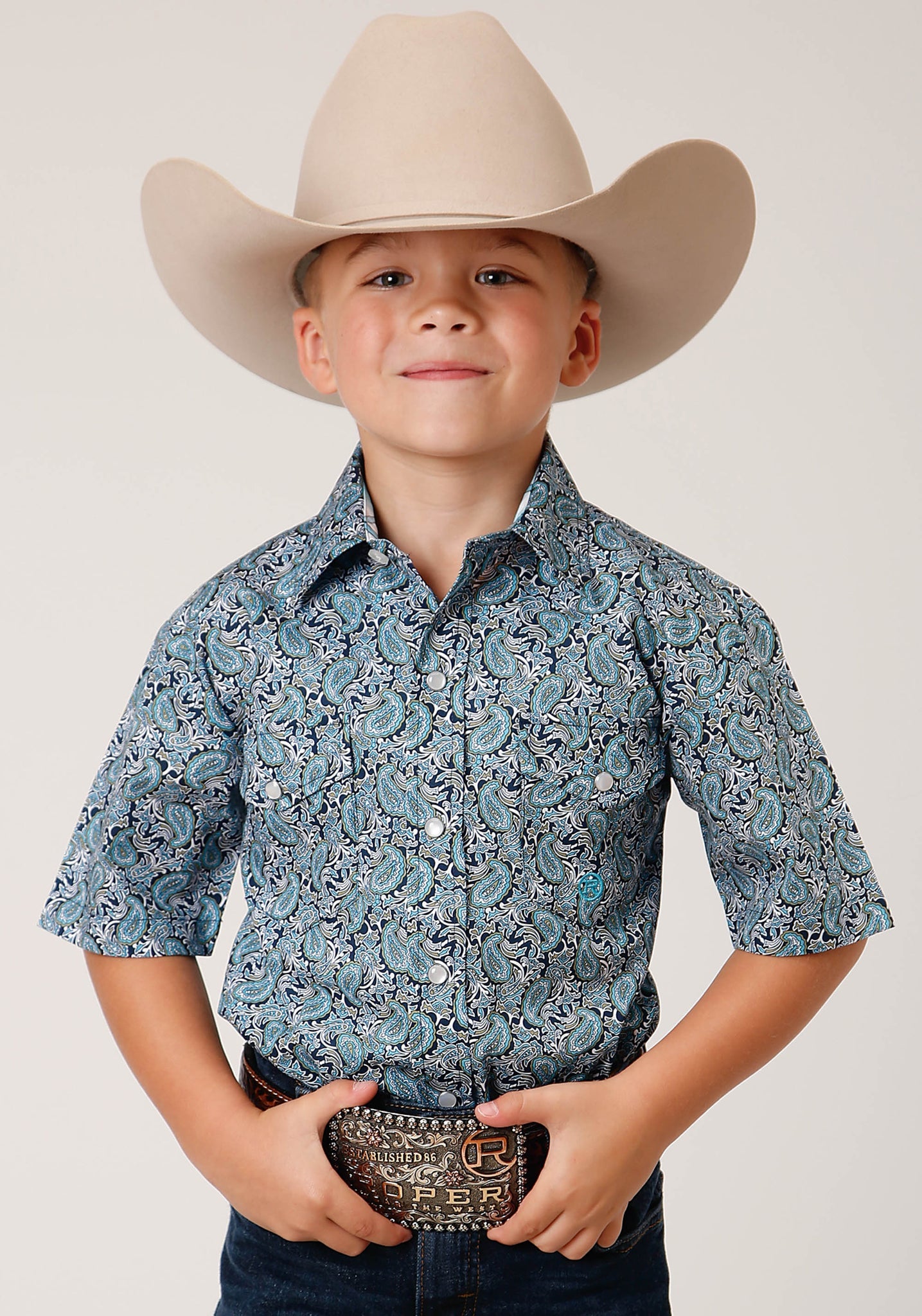 Boys Short Sleeve Snap Peacock Paisley Western Shirt