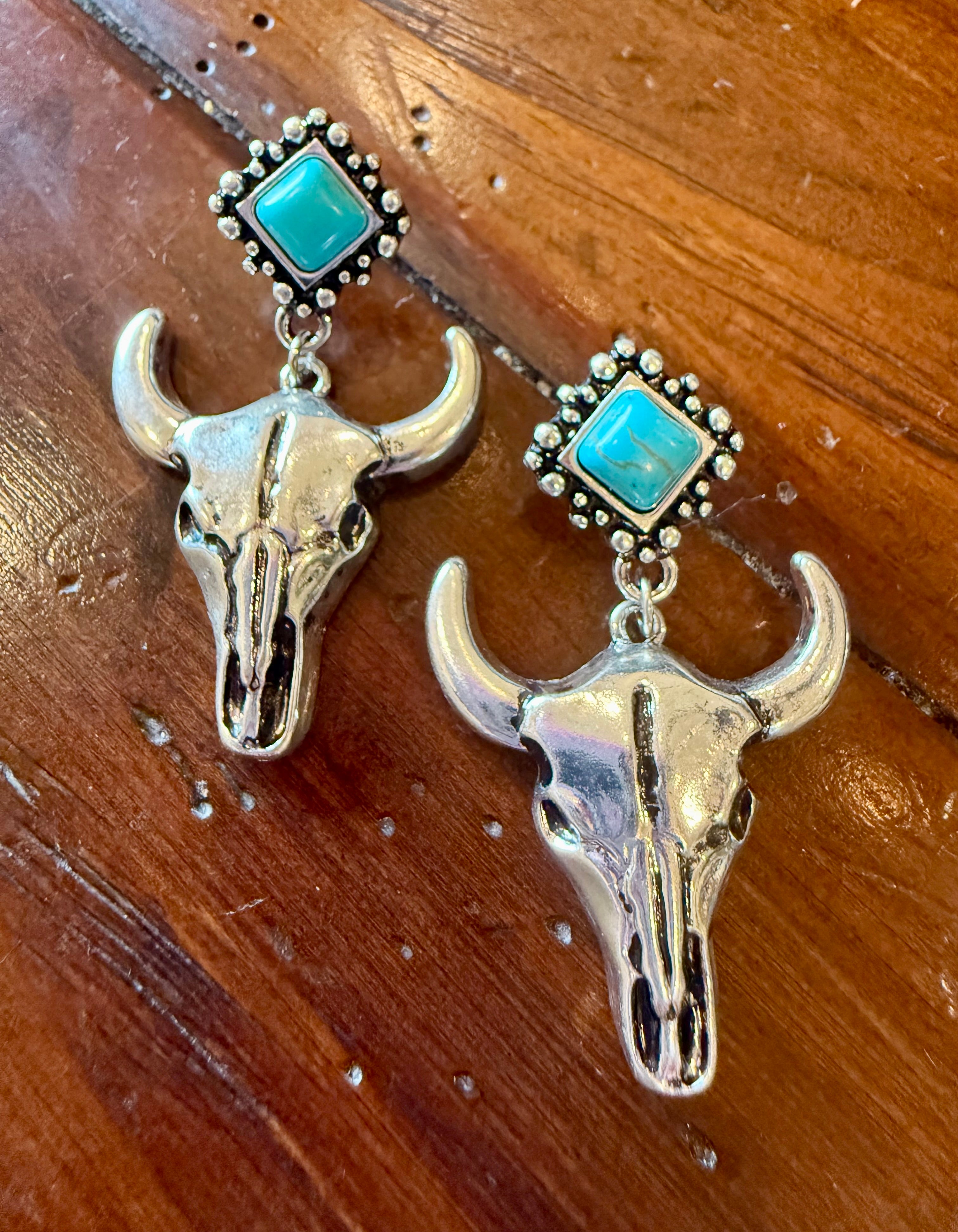 Turquoise Diamond Stud w/ Silver Skull Drop Earrings