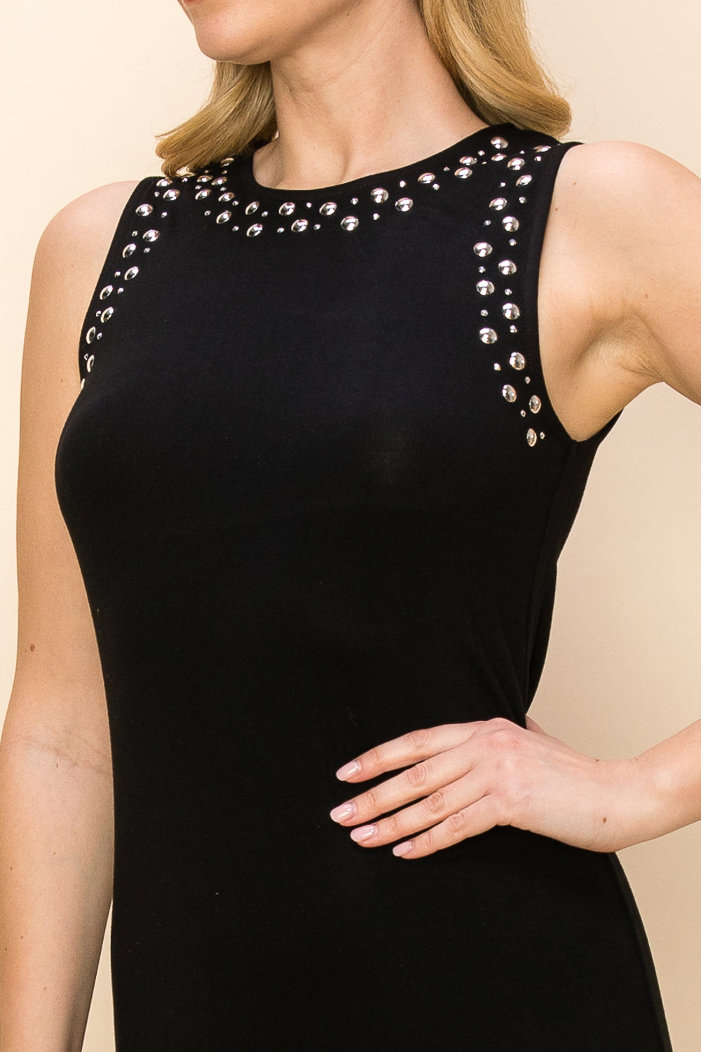 Stud Embellished Sleeveless Crew Neck Top