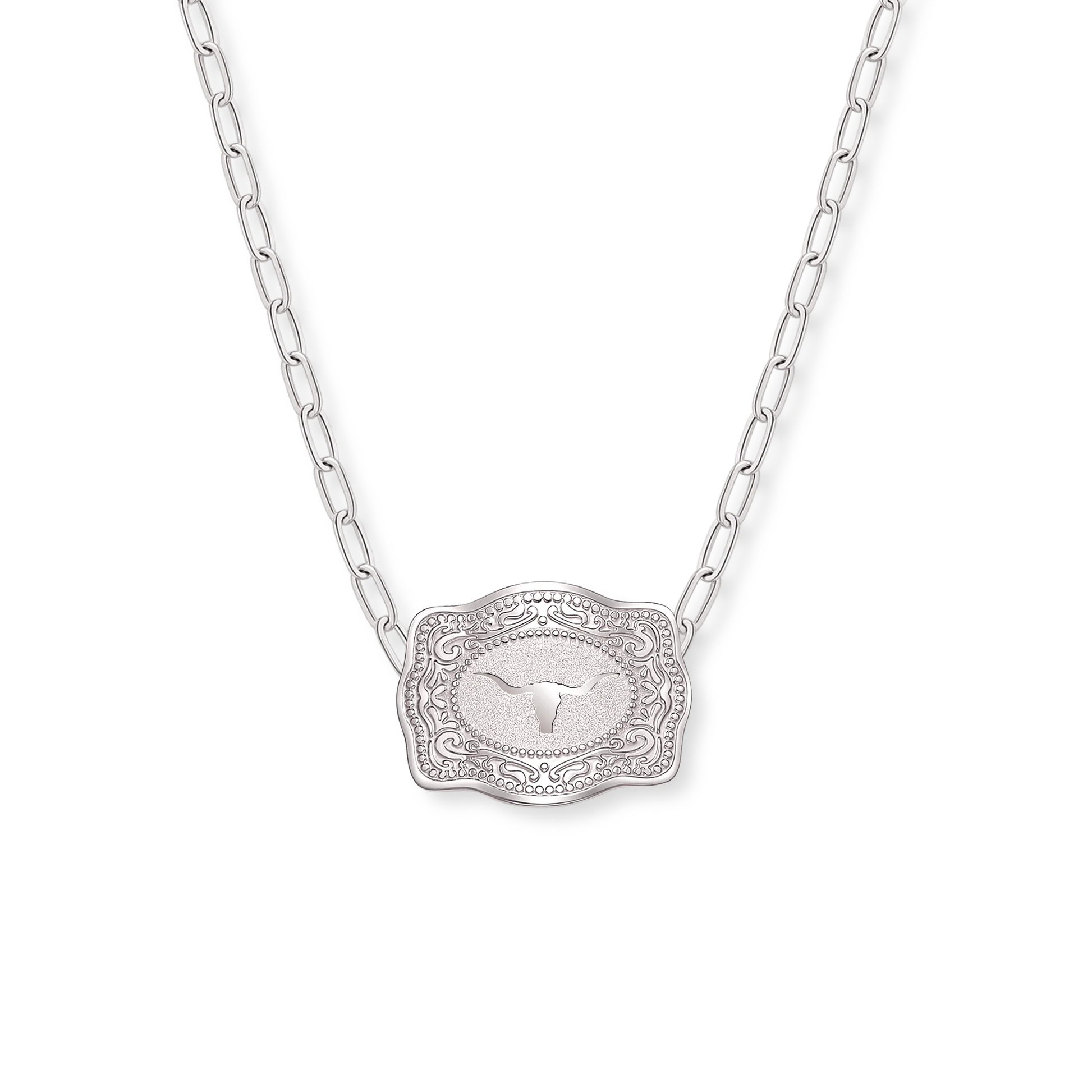 SpurWest Mini Belt Buckle Necklace Longhorn - Silver Paperclip Chain