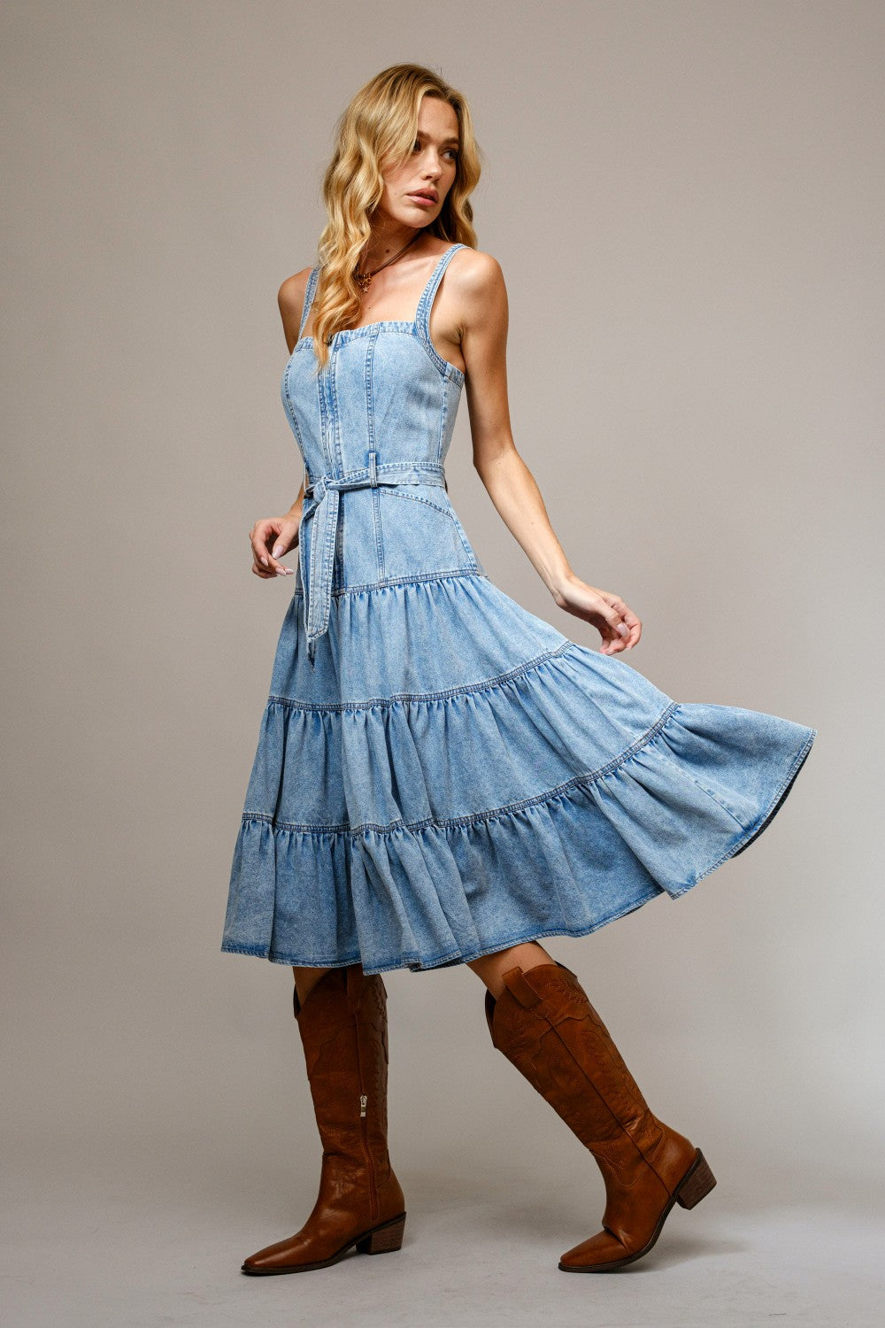 Garment Washed Tiered Zip Midi Dress