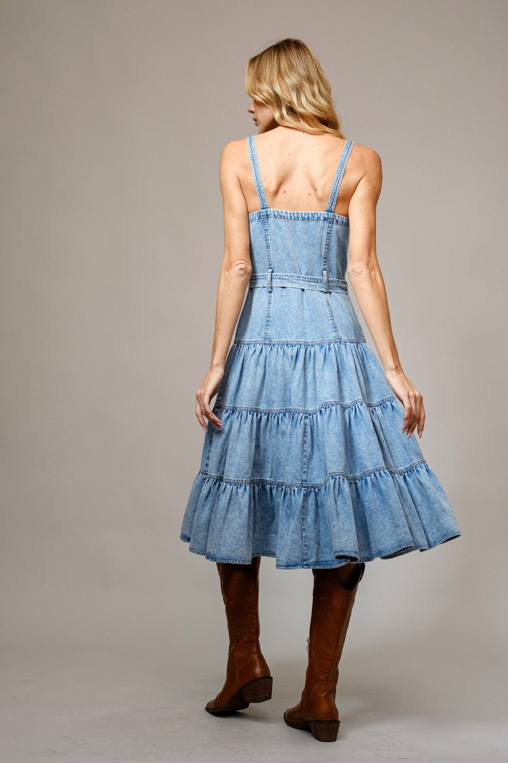 Garment Washed Tiered Zip Midi Dress