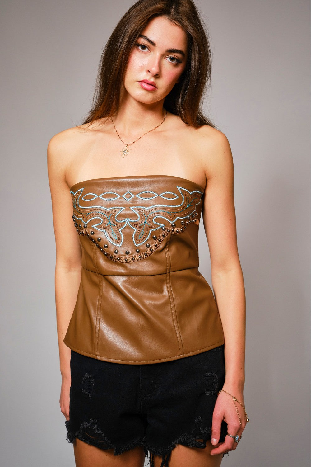 Western Embroidered Faux Leather Tube Top