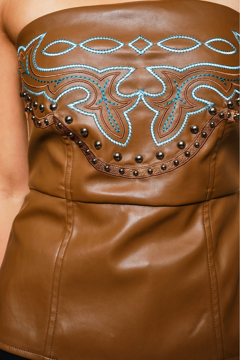 Western Embroidered Faux Leather Tube Top