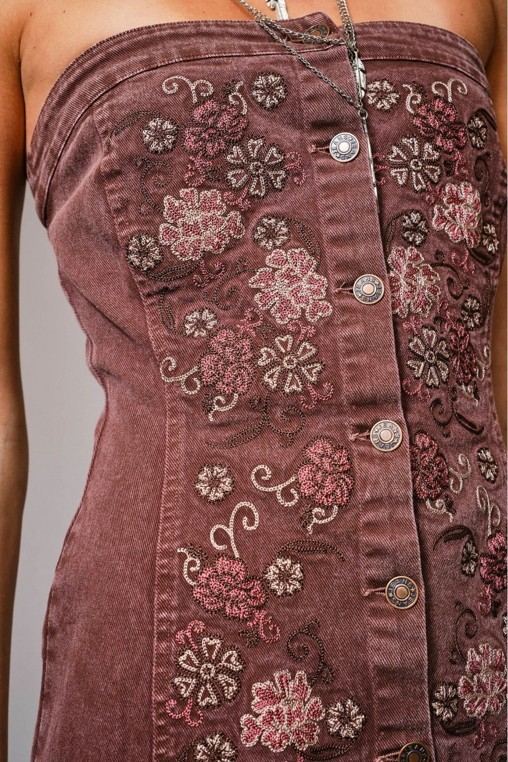 Embroidered Button Up Tube Denim Dress