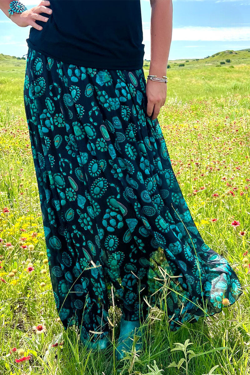 Turquoise Concho & Squash Blossoms on Black Mesh Dress or Maxi Skirt