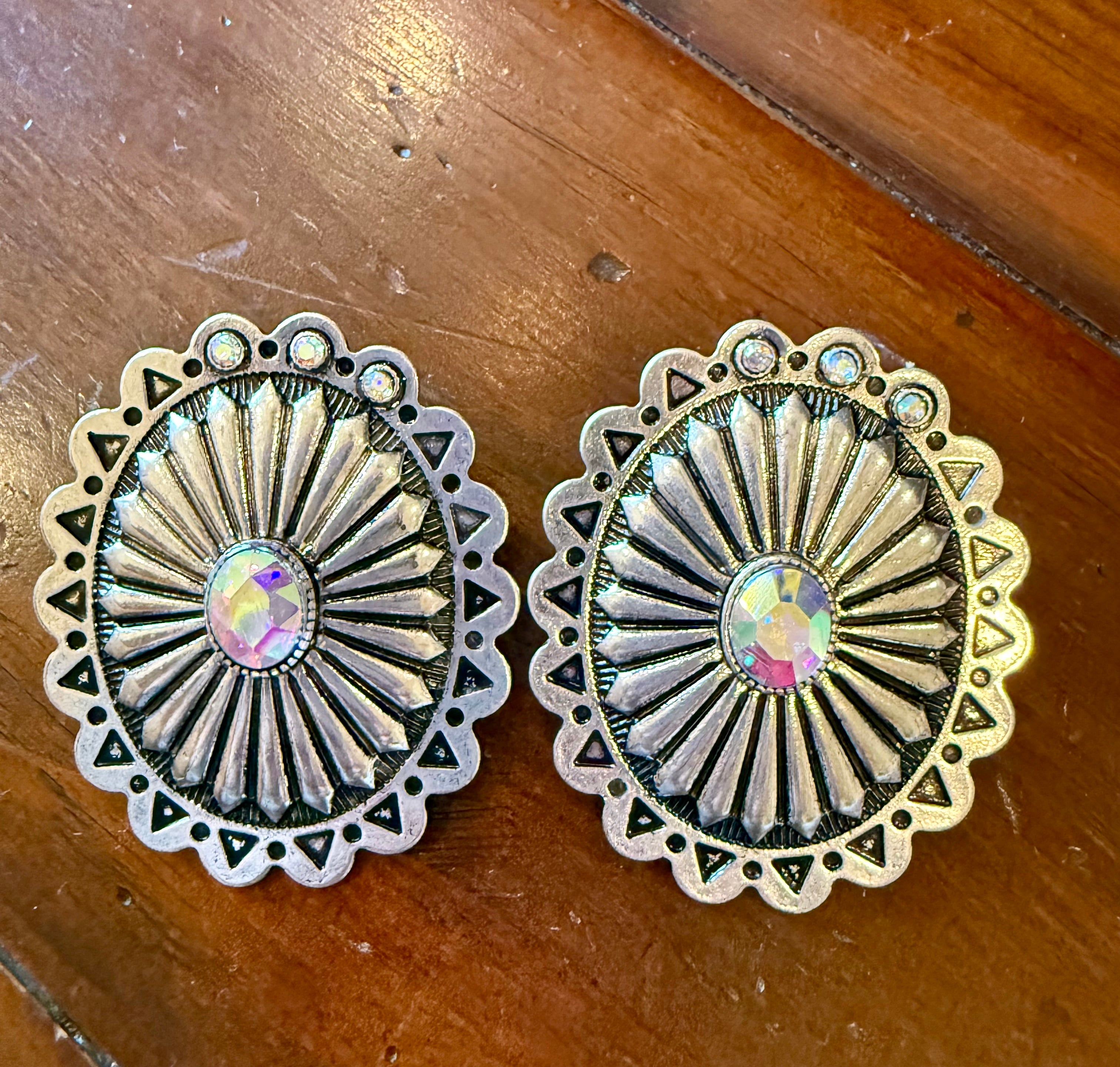 Silver Oval Concho & Crystal Earrings