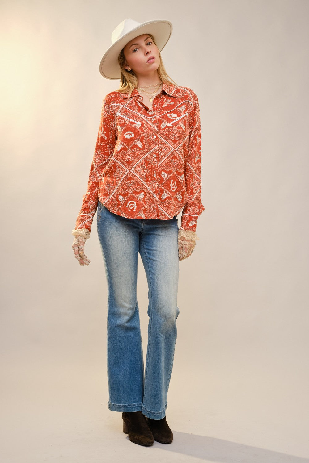Burnt Orange Western Printed Button Up Shirt