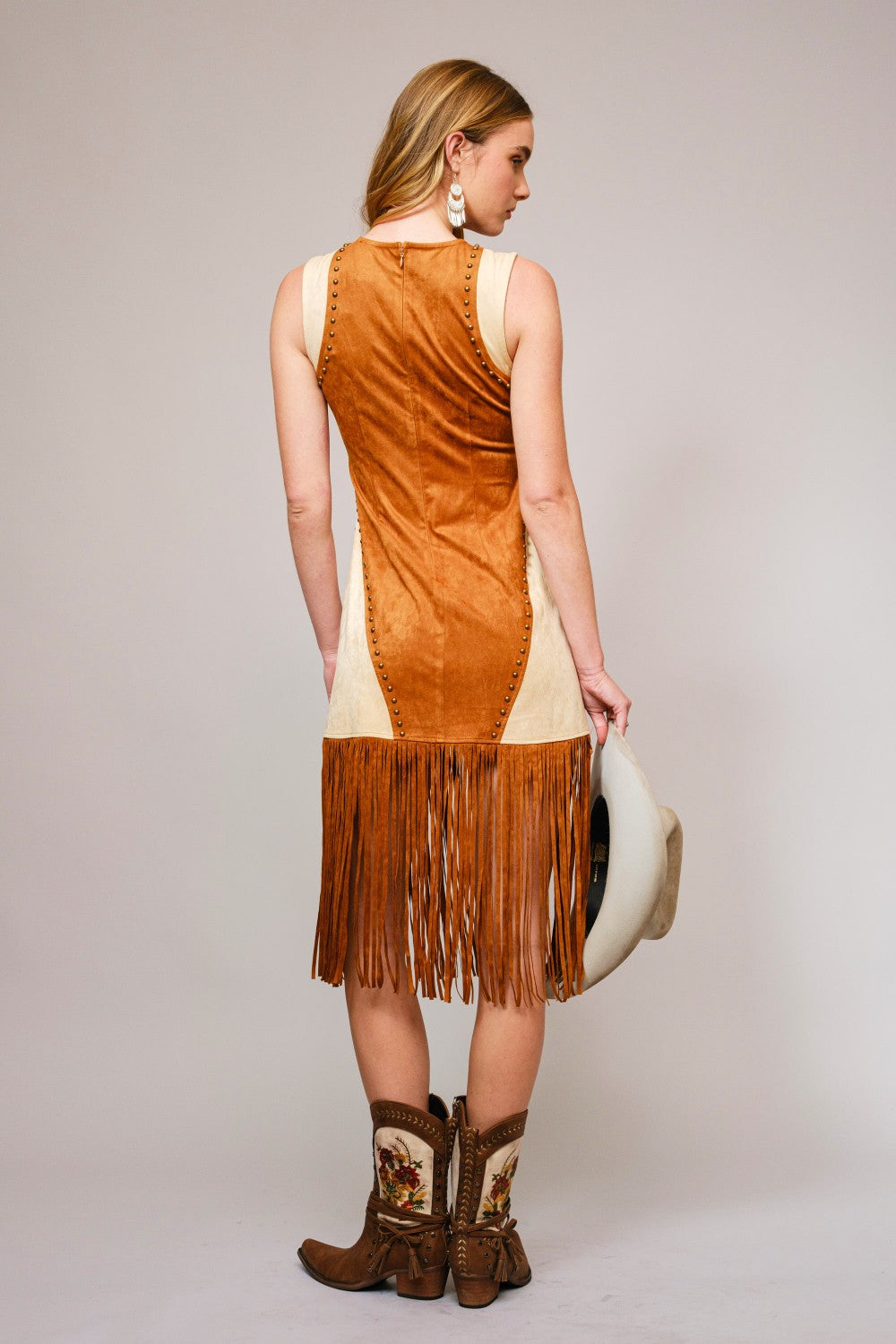 Two Toned Suede Studded Fringe Dress