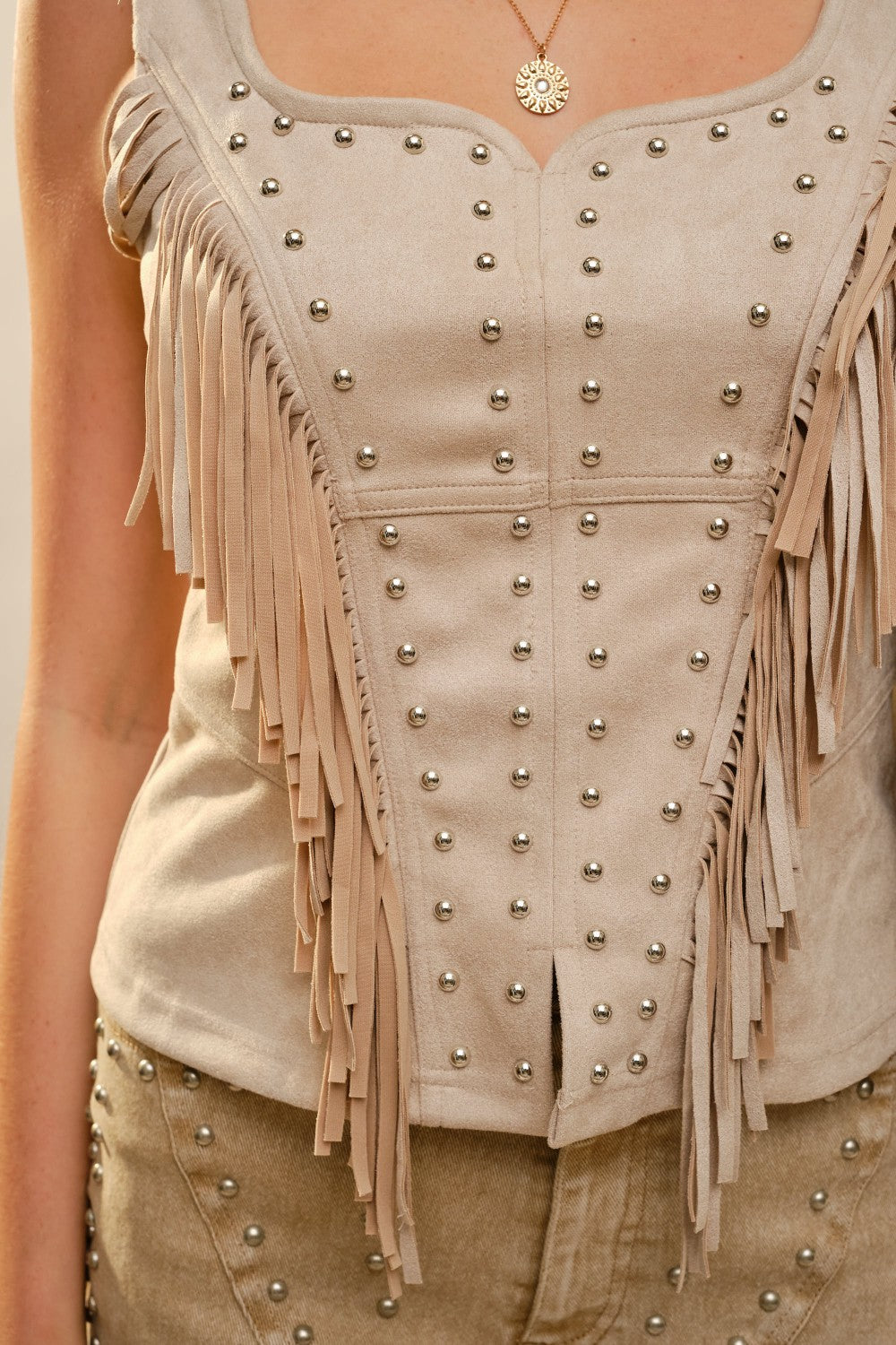 Sable Studded Fringe Suede Corset Top