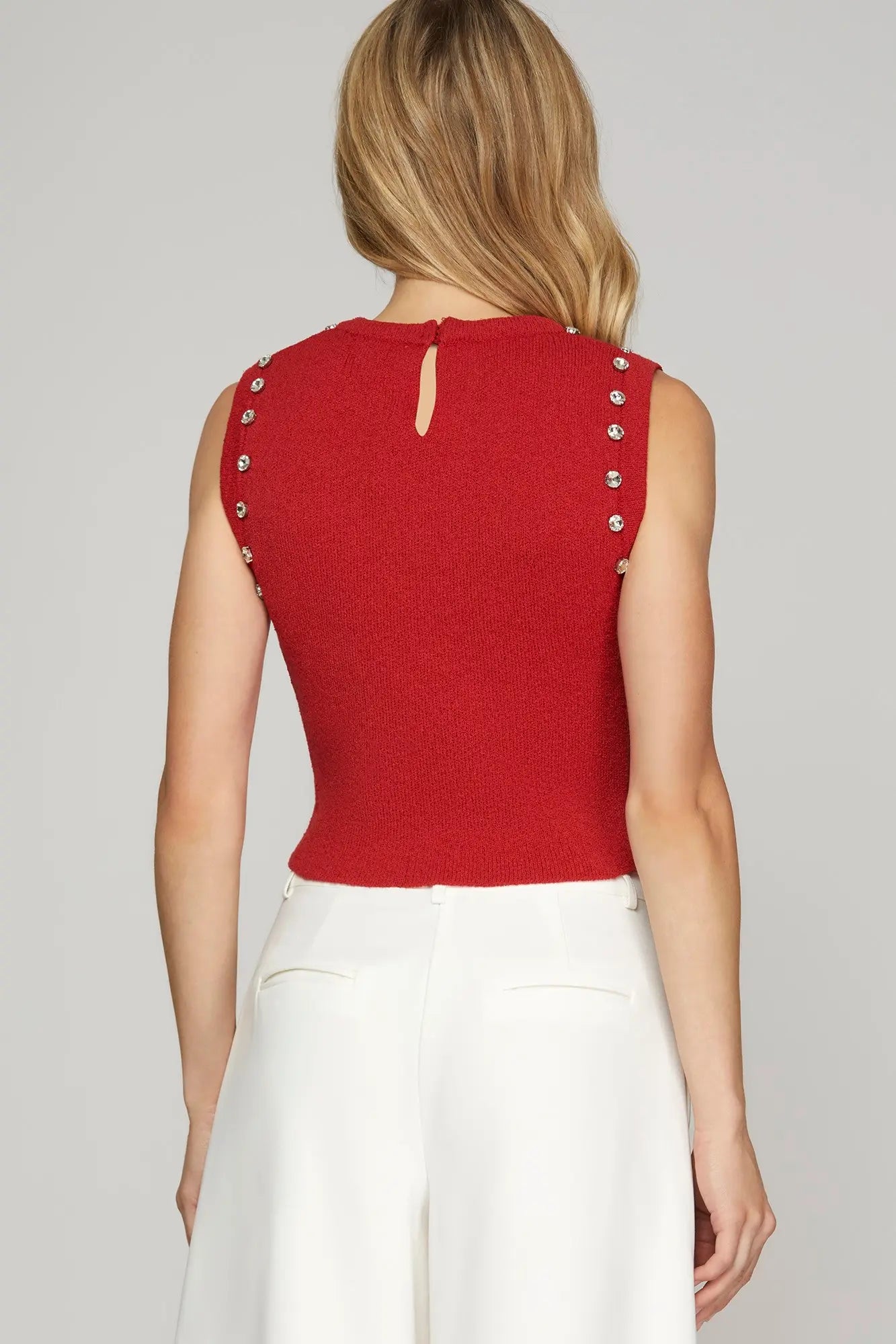 Red Stud Detail Sleeveless Sweater Top