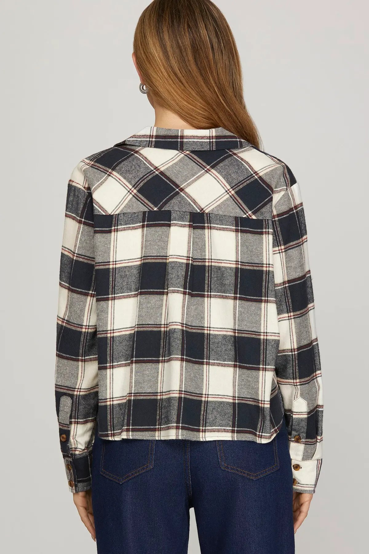 Navy Plaid Bow Tie Flannel Top