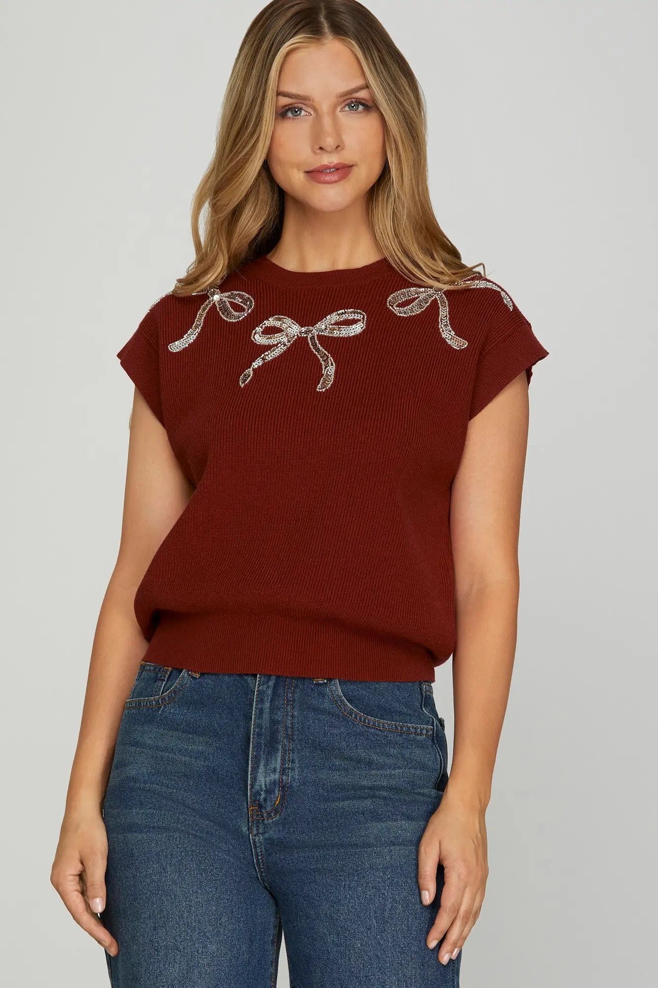 Sequin Bow Knit Cap Sleeve Sweater Top