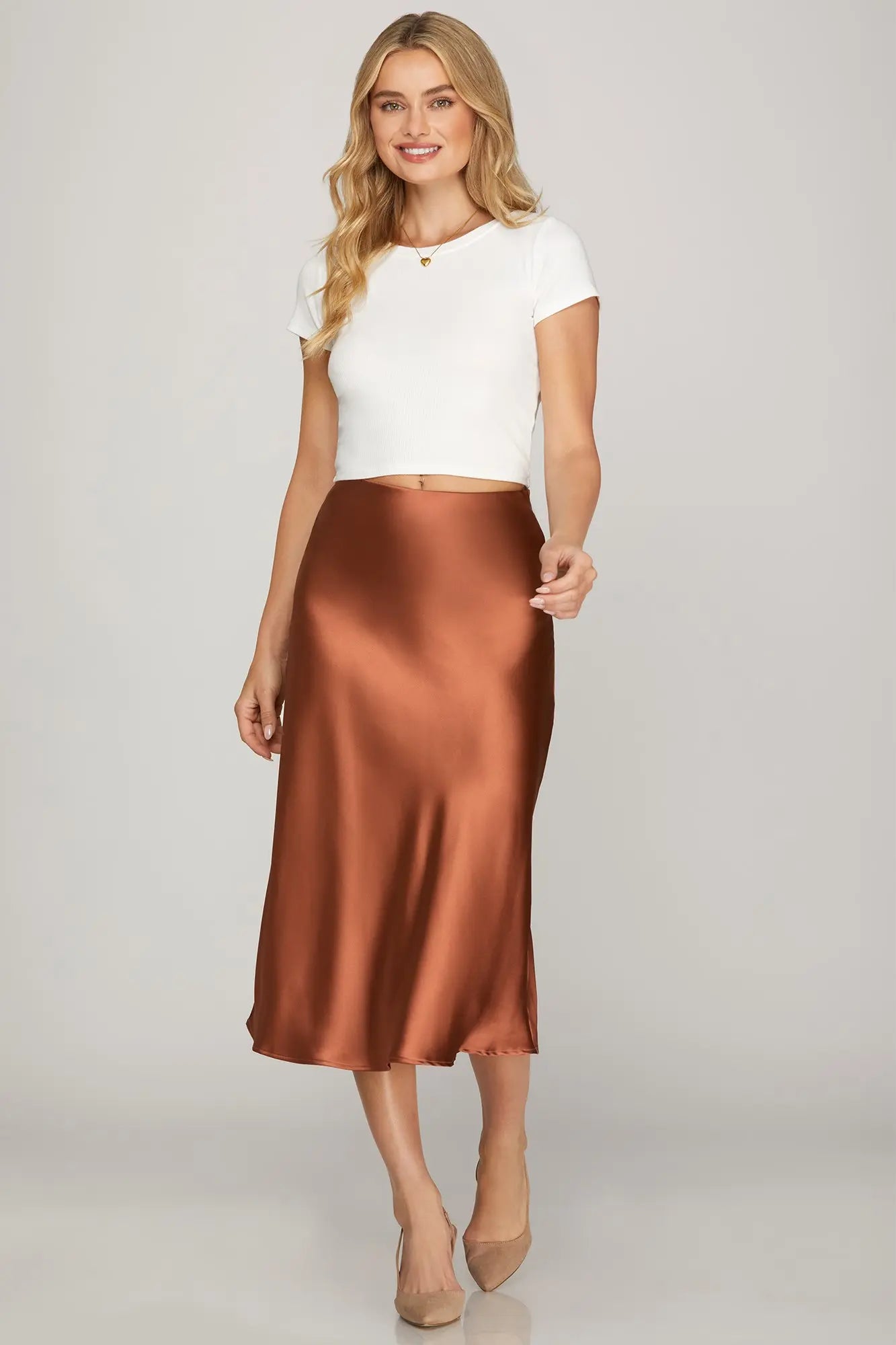 Satin Copper Midi Skirt