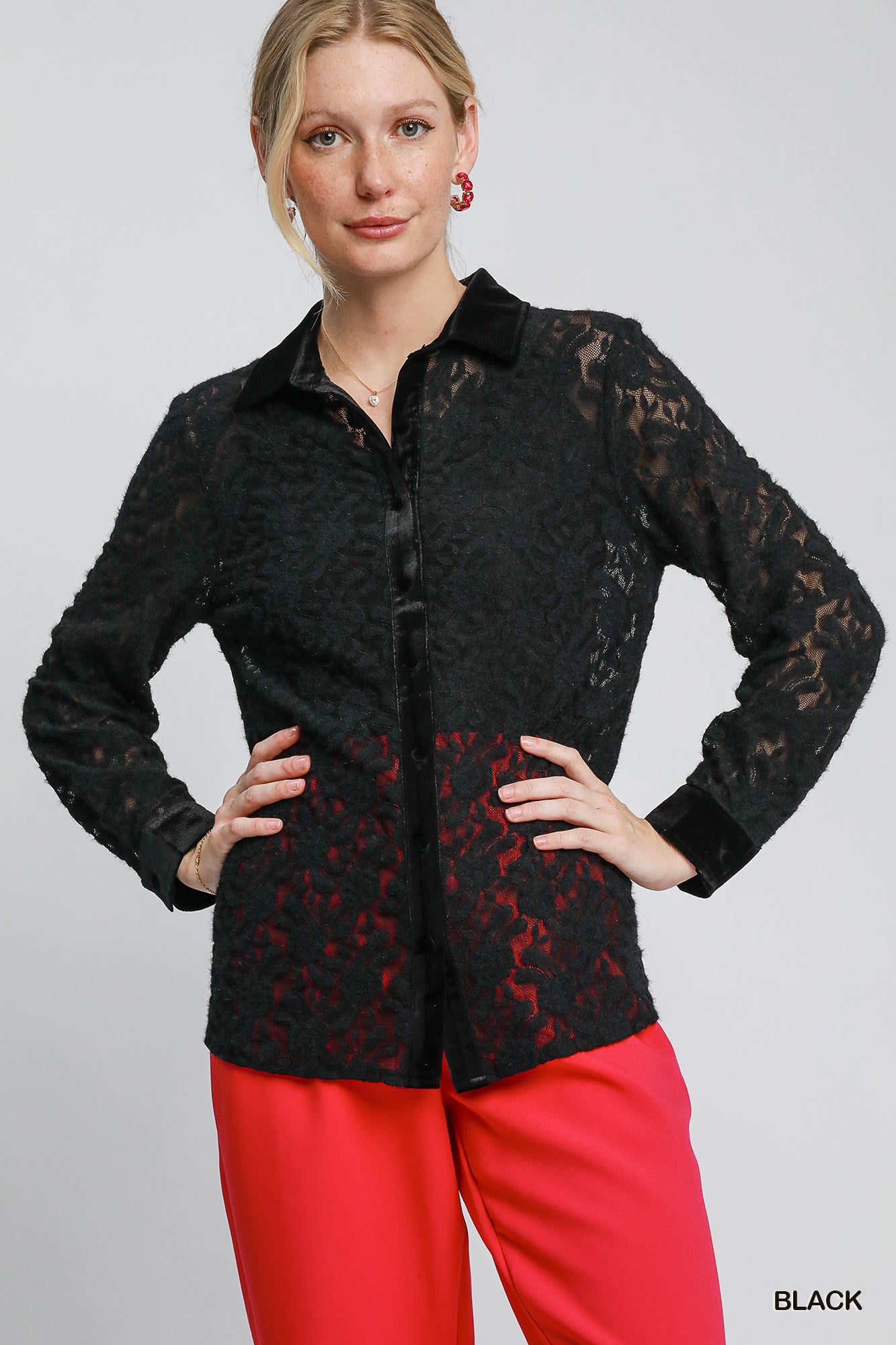 Black Lace Button Down Top w/ Velvet Trim