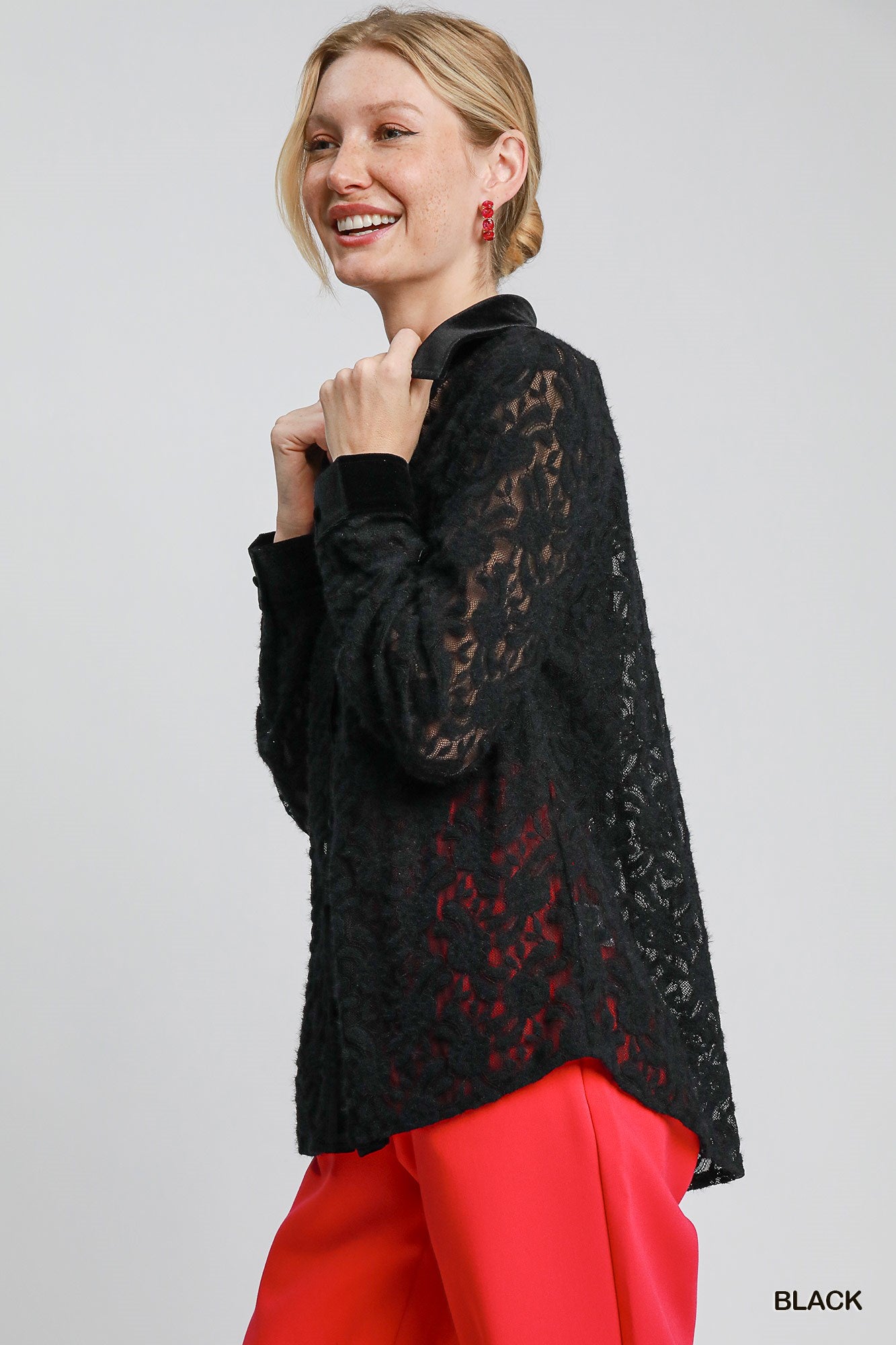 Black Lace Button Down Top w/ Velvet Trim