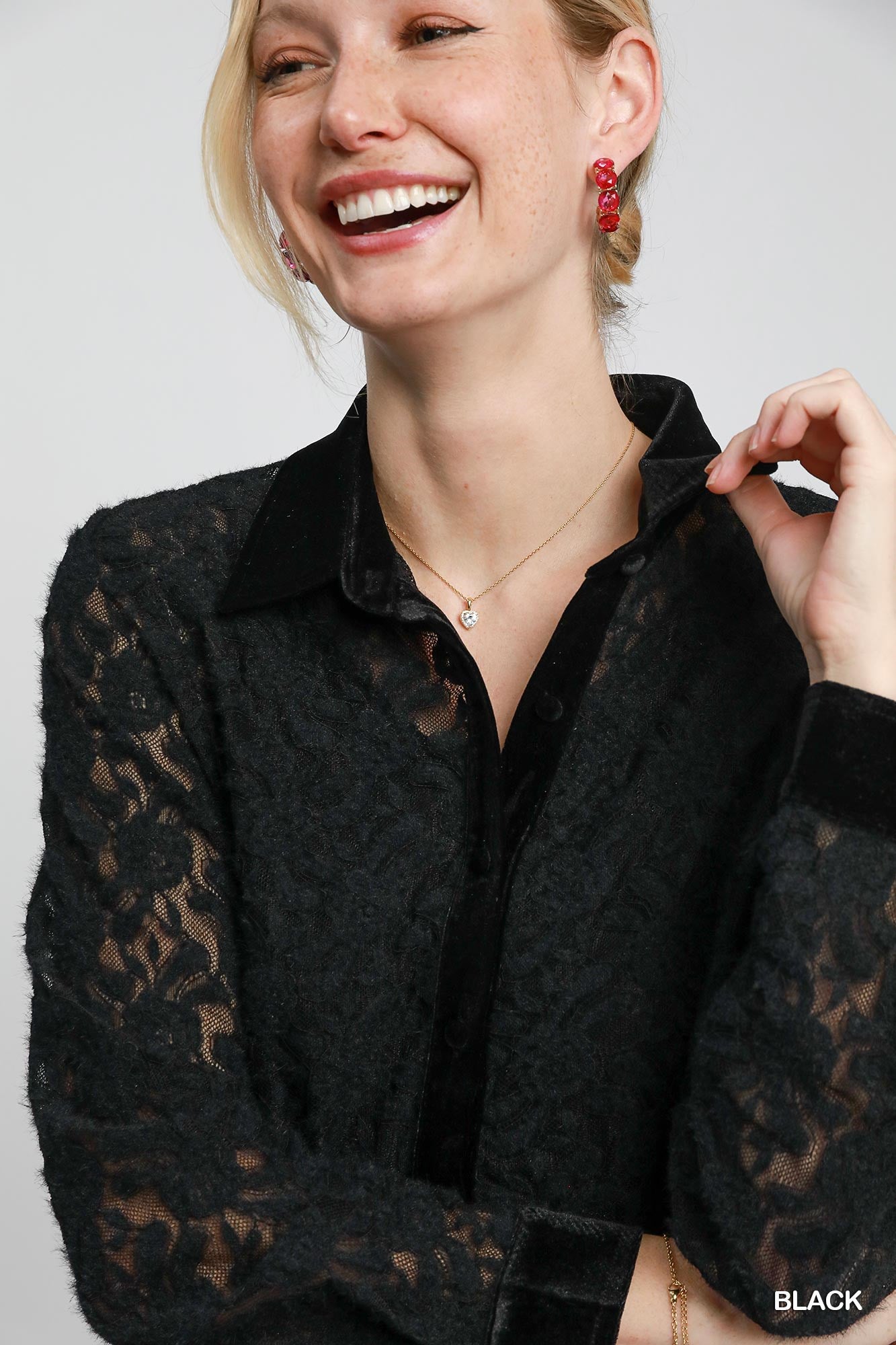 Black Lace Button Down Top w/ Velvet Trim