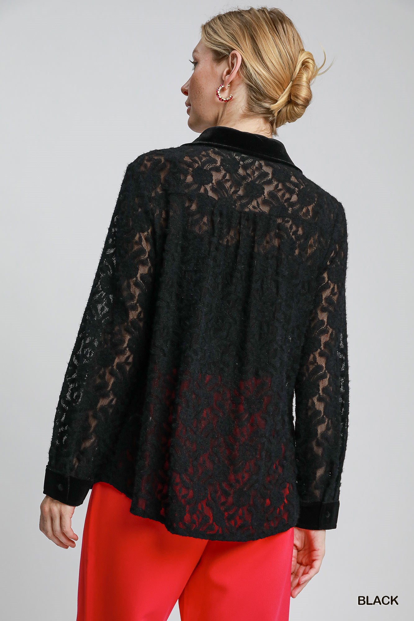 Black Lace Button Down Top w/ Velvet Trim