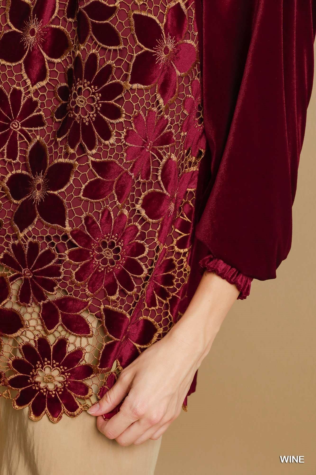 Burgundy Velvet Top w/ Floral Lace Front