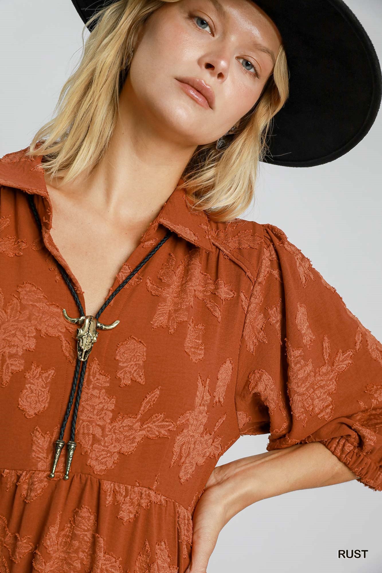 Rust Floral Burnout Midi Dress
