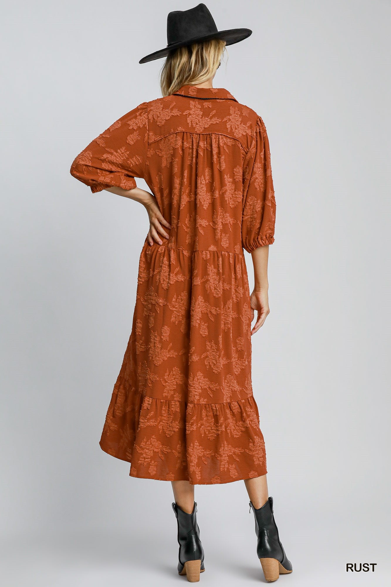 Rust Floral Burnout Midi Dress