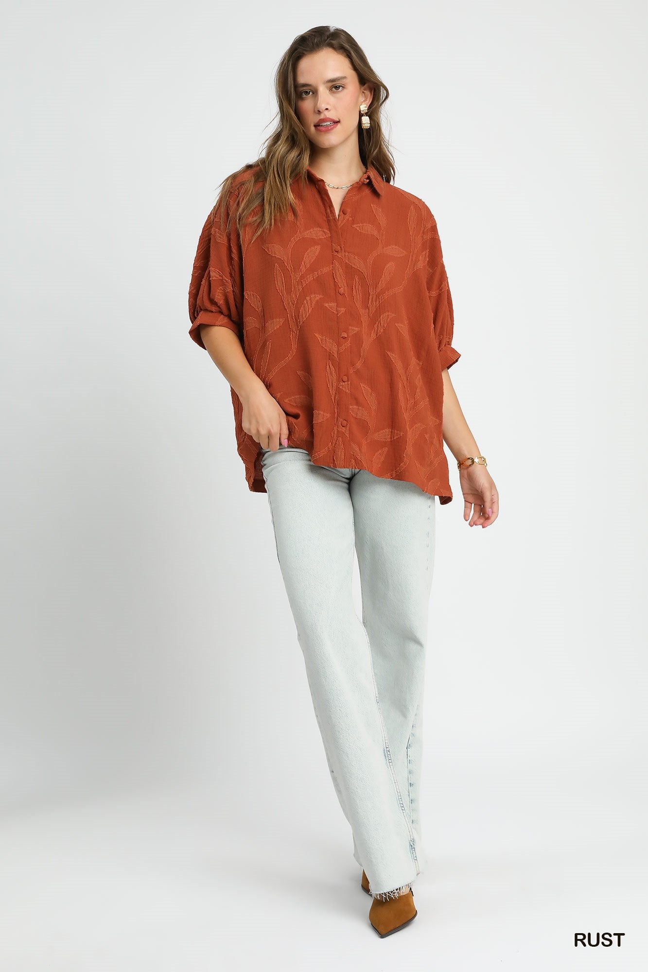 Rust Jacquard Textured Leaf Button-Down Blouse