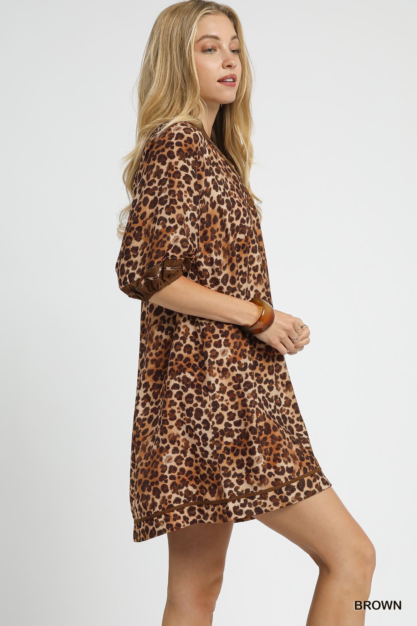 Brown Leopard Print Mini Dress with Contrast Trim