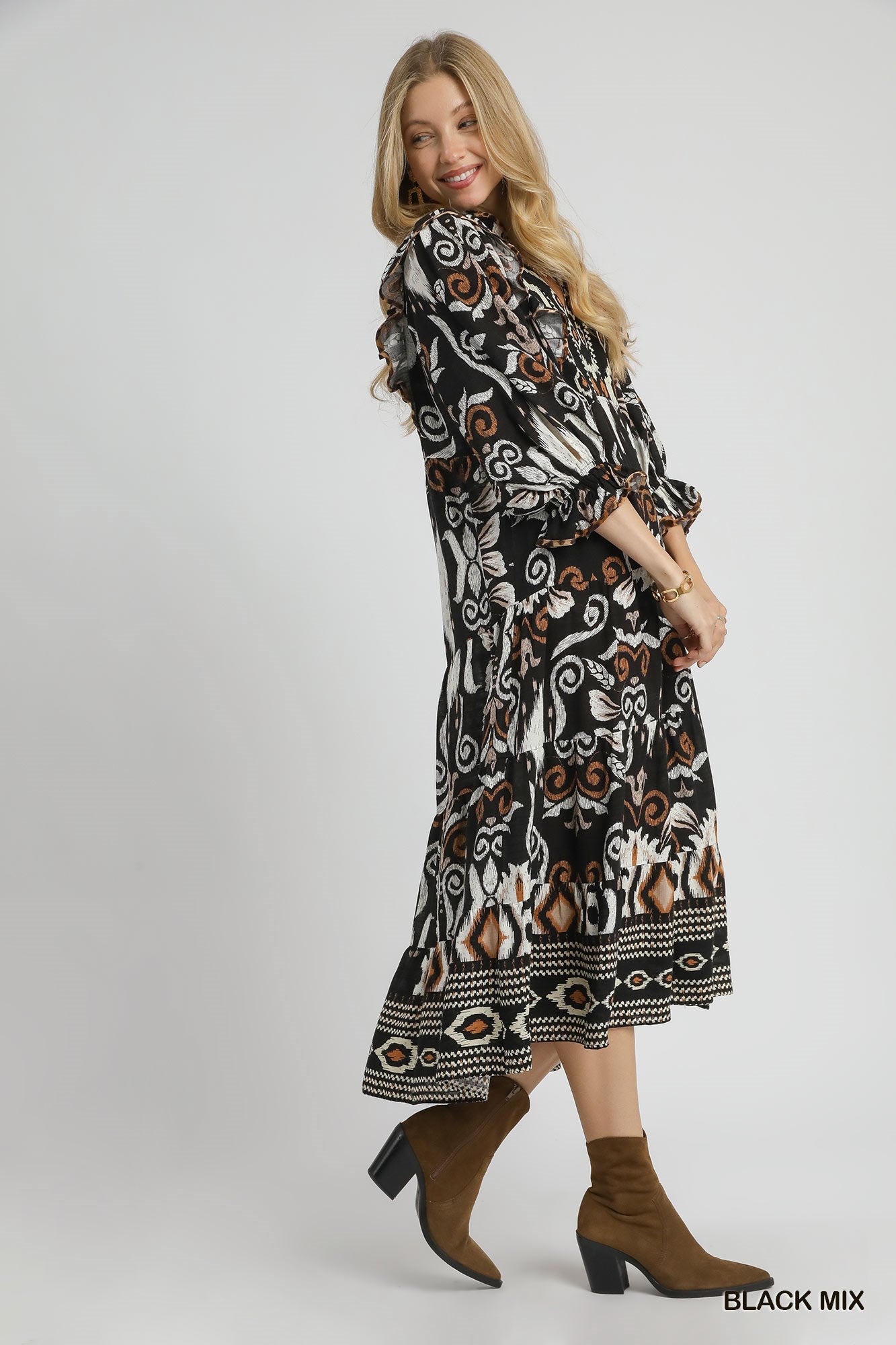 Black Mix Bohemian Ruffle Trim Tiered Midi Dress