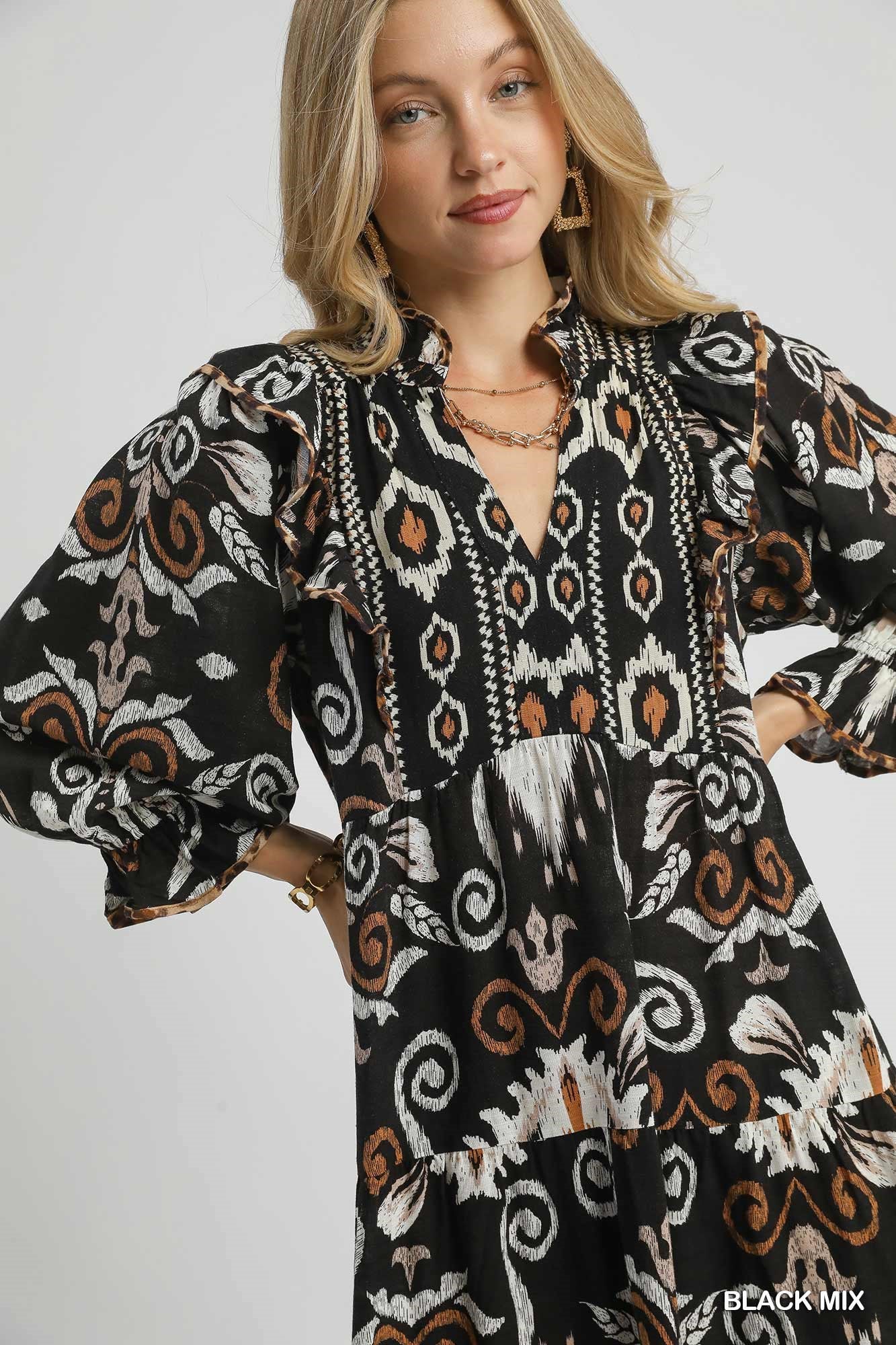 Black Mix Bohemian Ruffle Trim Tiered Midi Dress