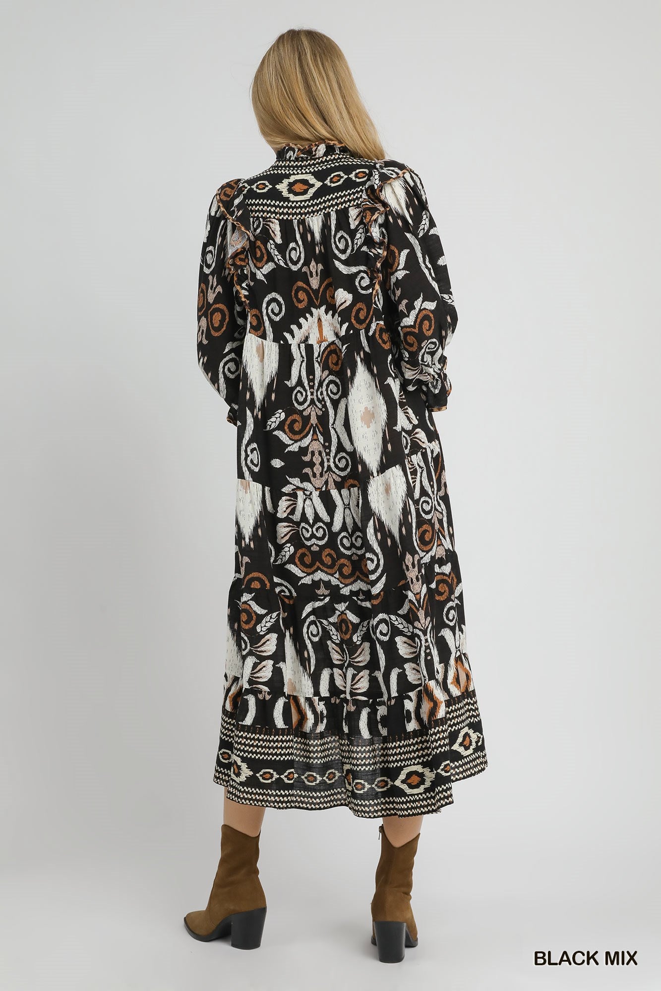 Black Mix Bohemian Ruffle Trim Tiered Midi Dress