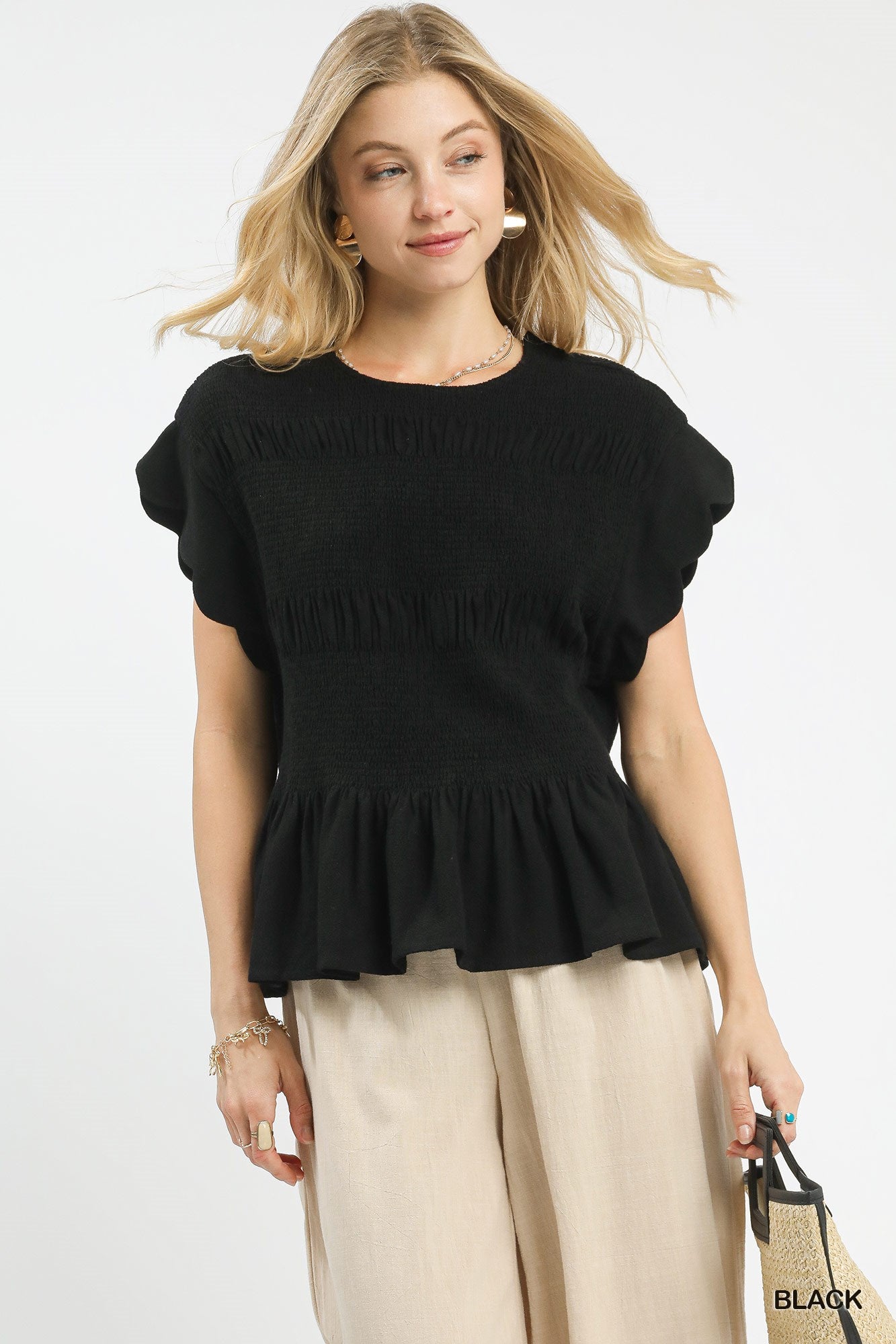 Black Linen Blend Smocked Peplum Top