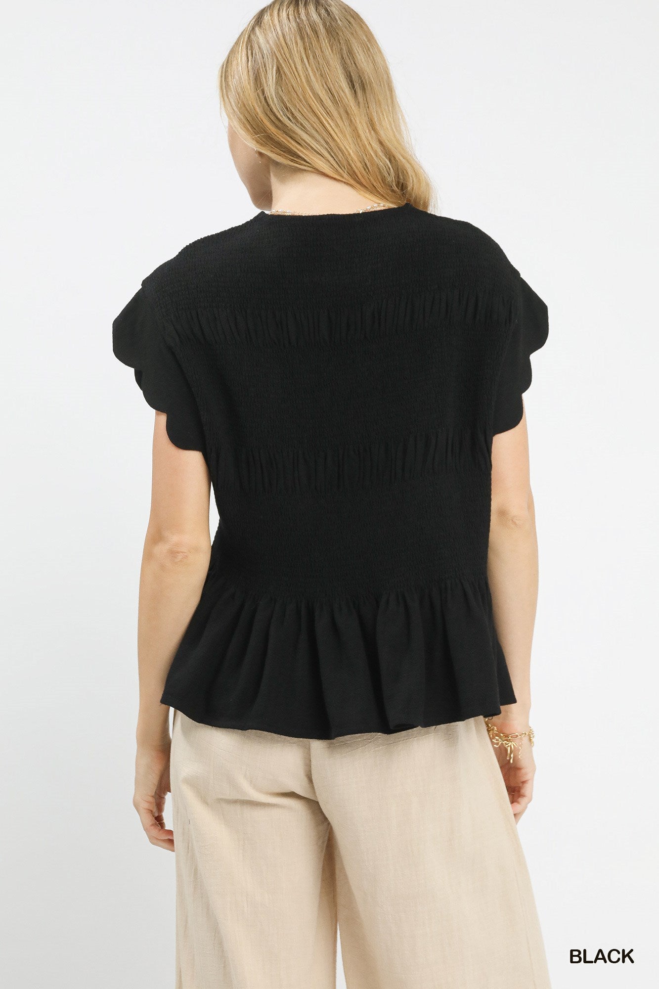 Black Linen Blend Smocked Peplum Top
