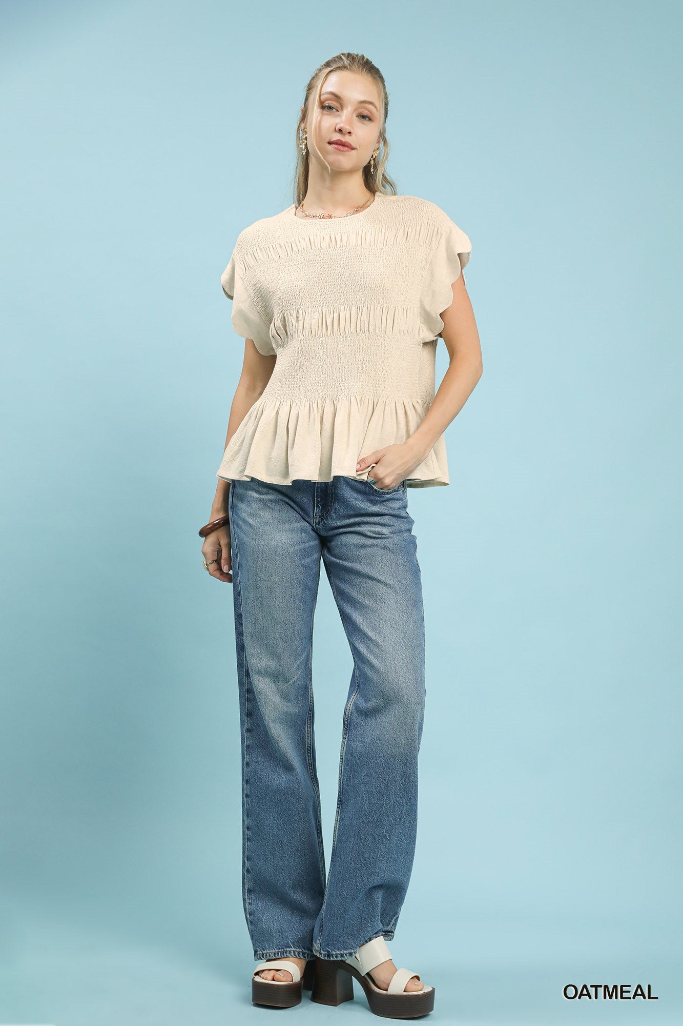Oatmeal Linen Blend Smocked Peplum Top