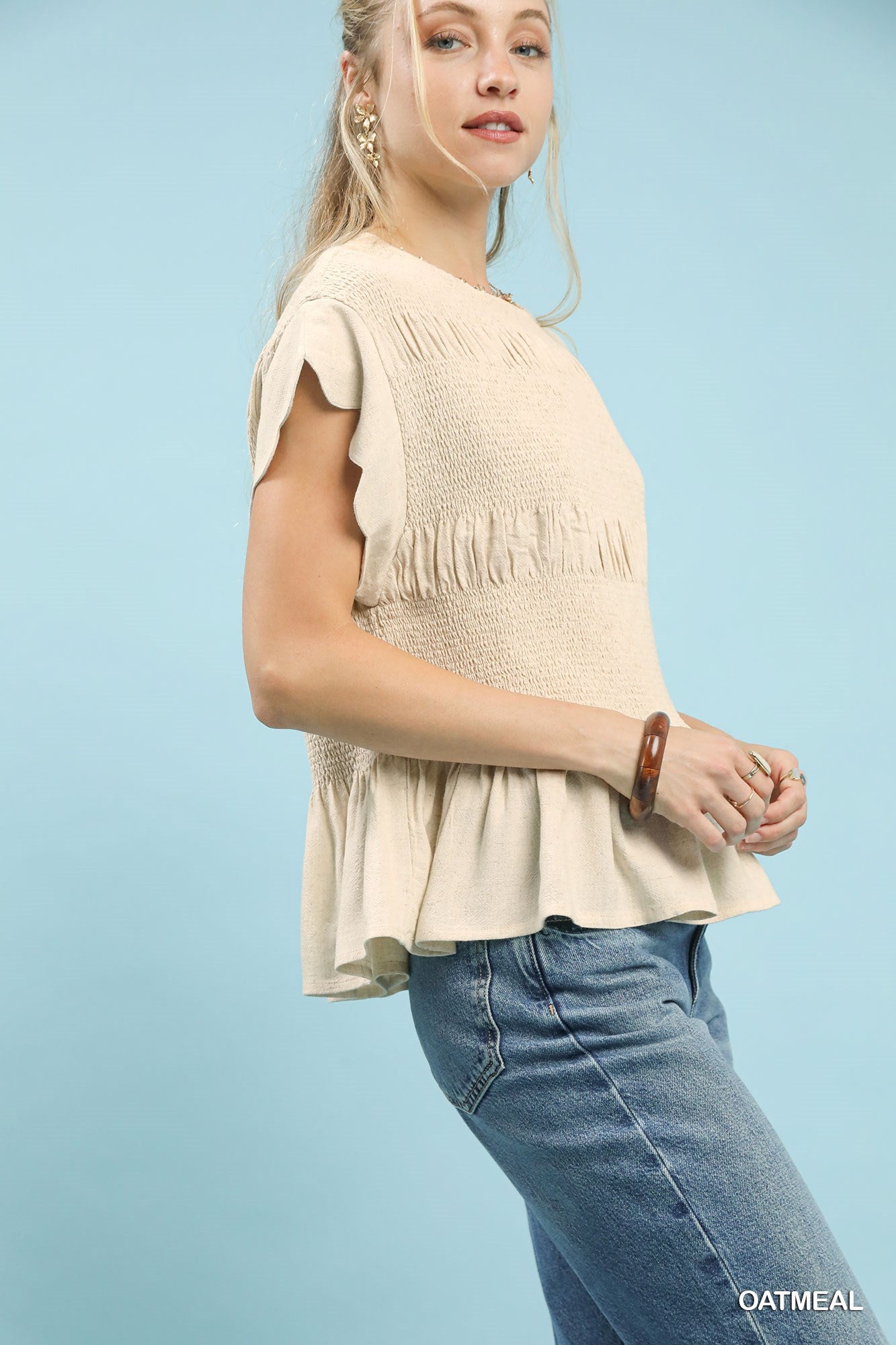 Oatmeal Linen Blend Smocked Peplum Top