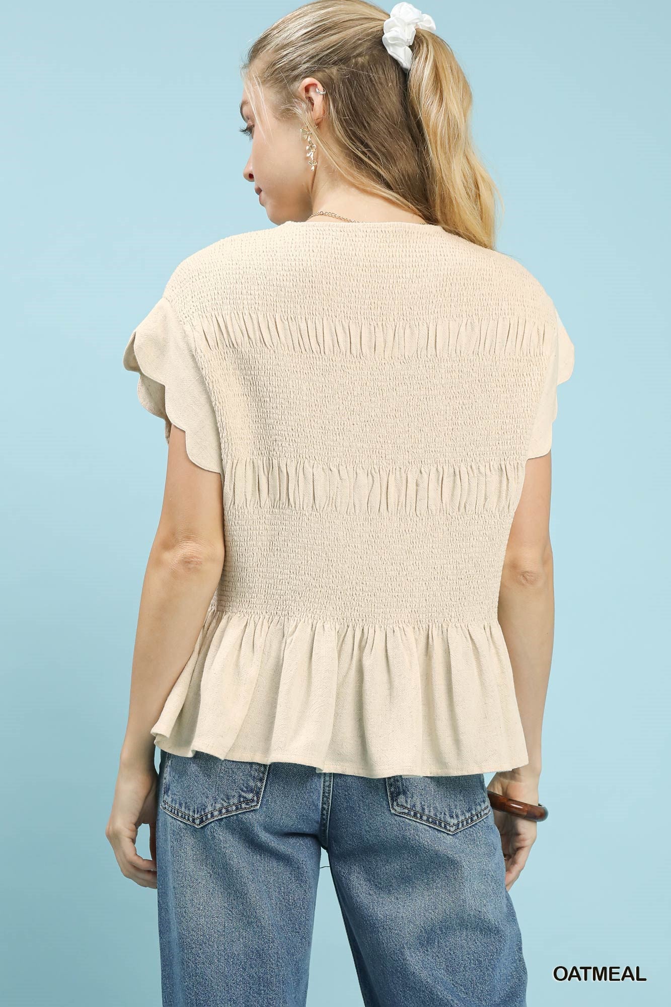 Oatmeal Linen Blend Smocked Peplum Top