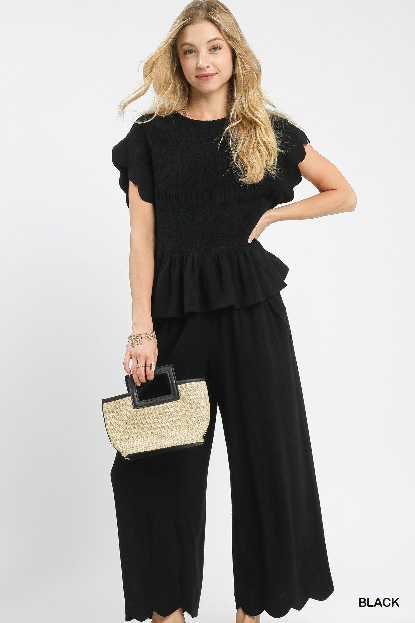 Black Linen Blend Smocked Peplum Top