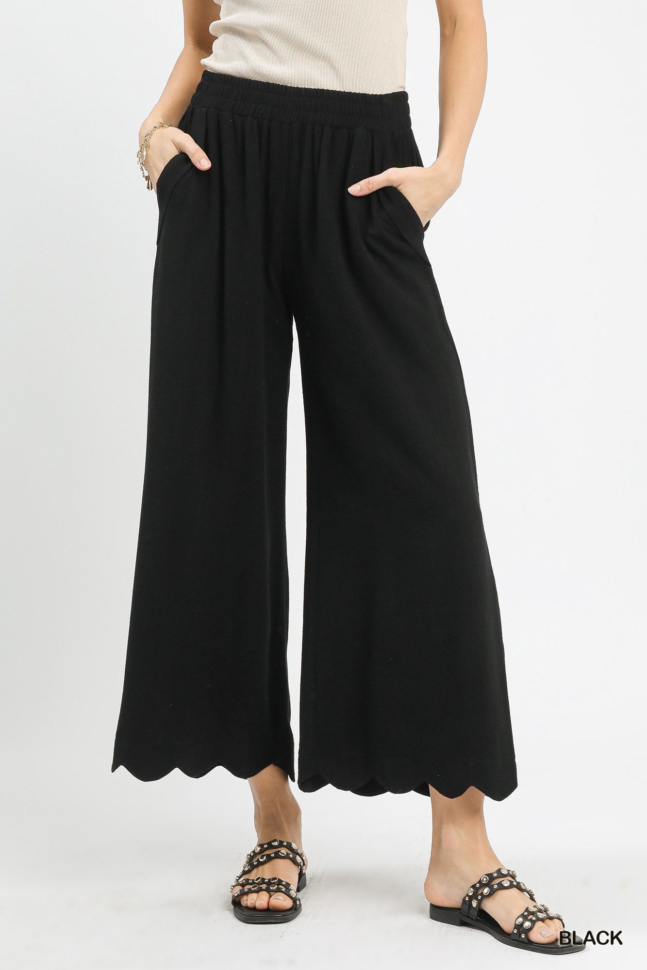 Black Linen Blend Scallop Hem Wide Leg Pants