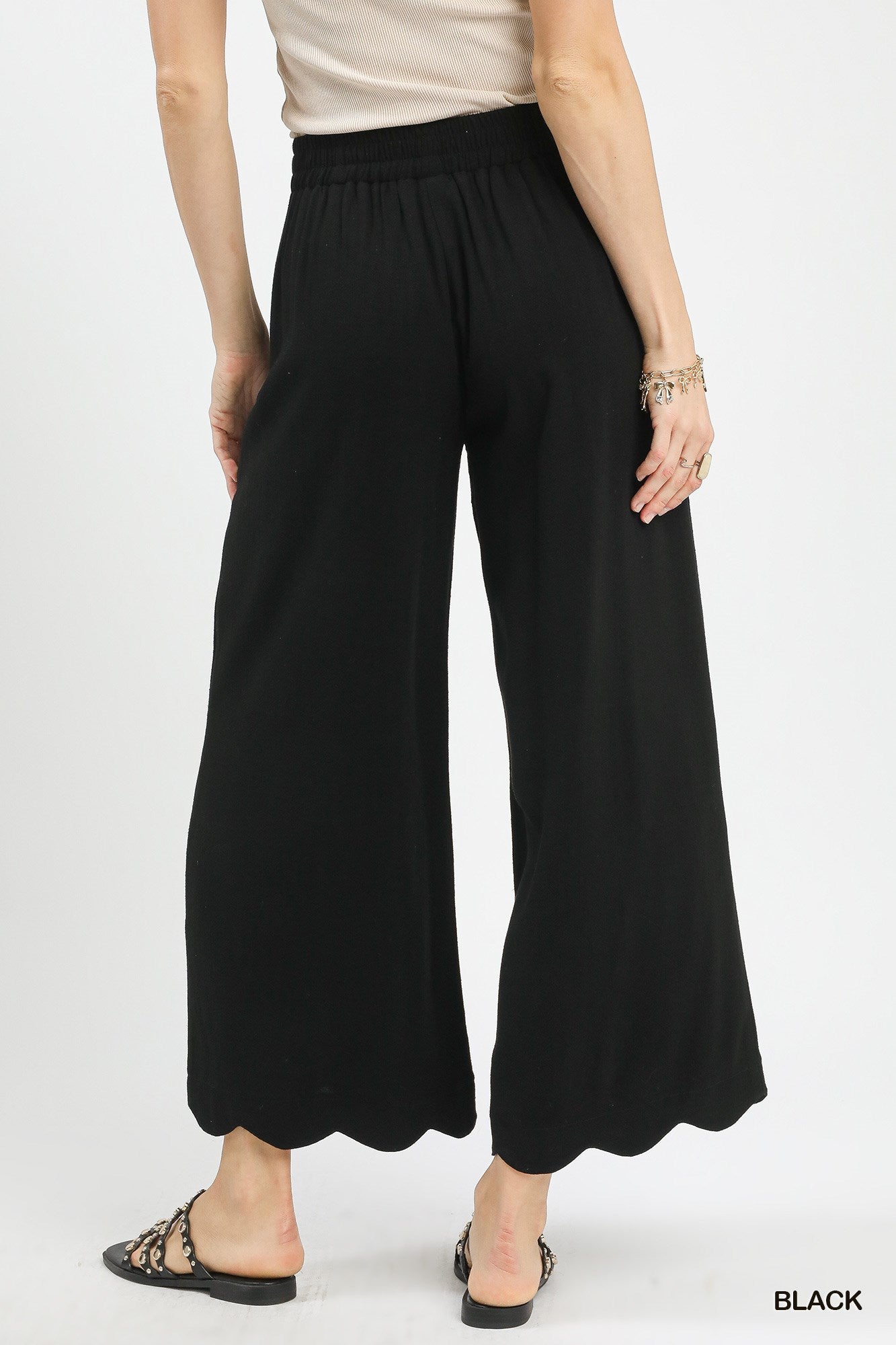 Black Linen Blend Scallop Hem Wide Leg Pants