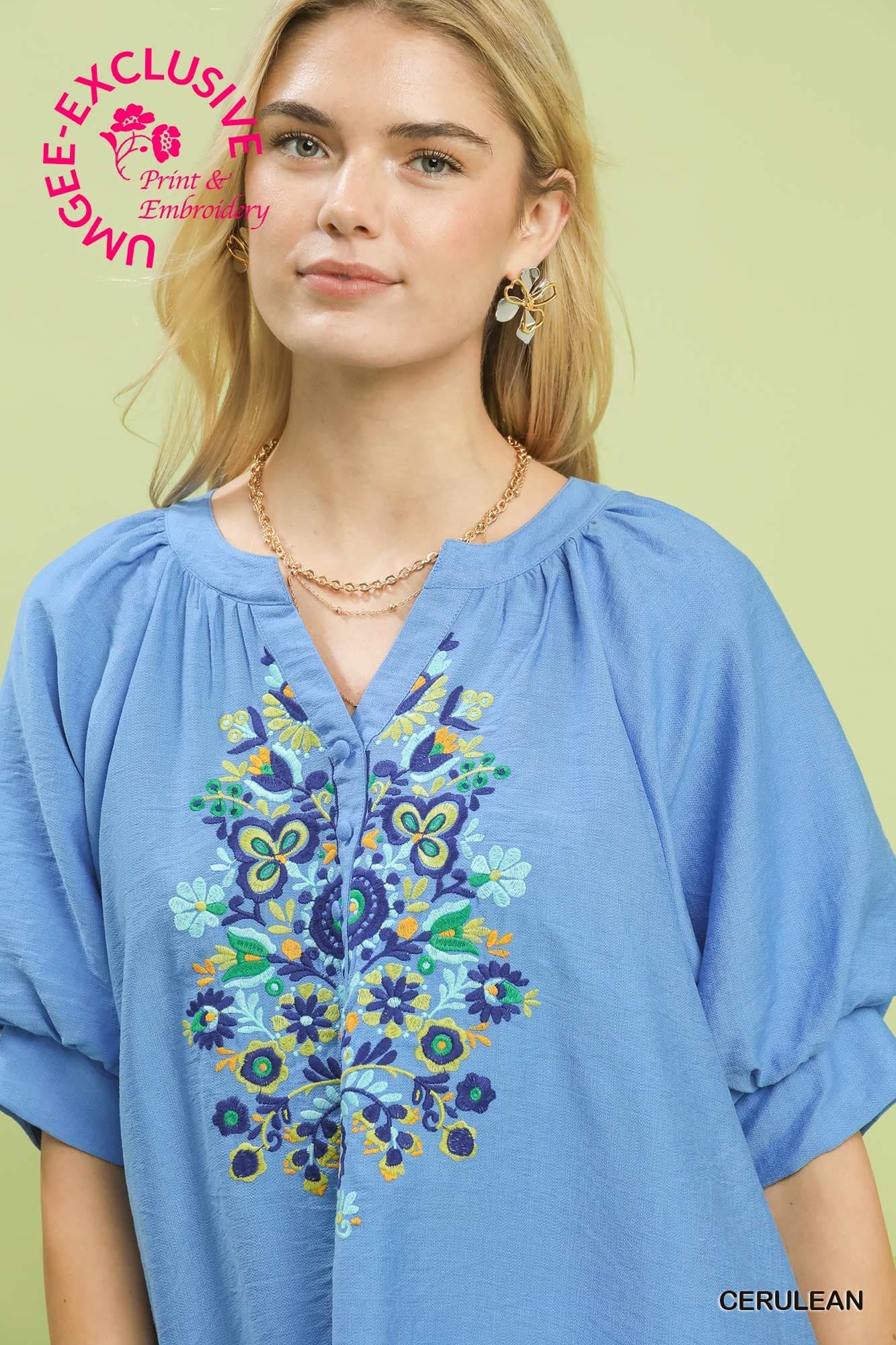 Cerulean Blue Embroidered Puff Sleeves Top