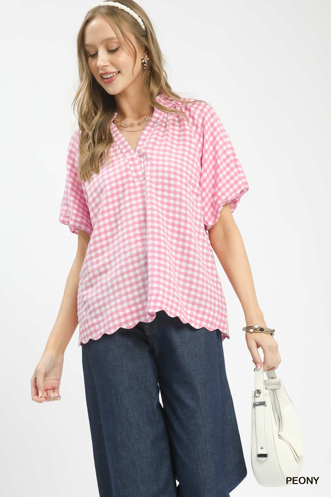 Pink & White Gingham Puffed Sleeve Top