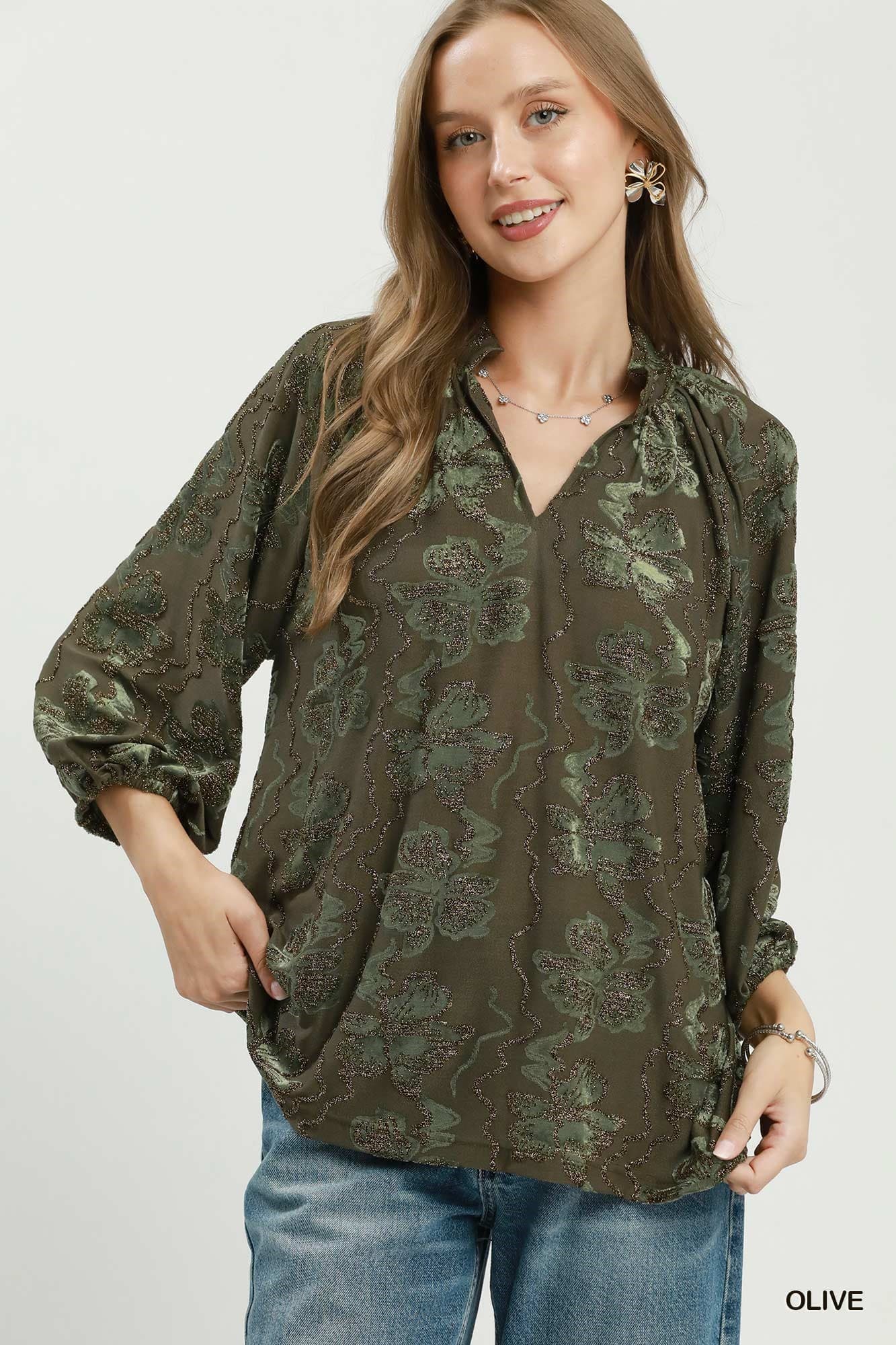 Olive Shimmer Velvet Floral Blouse