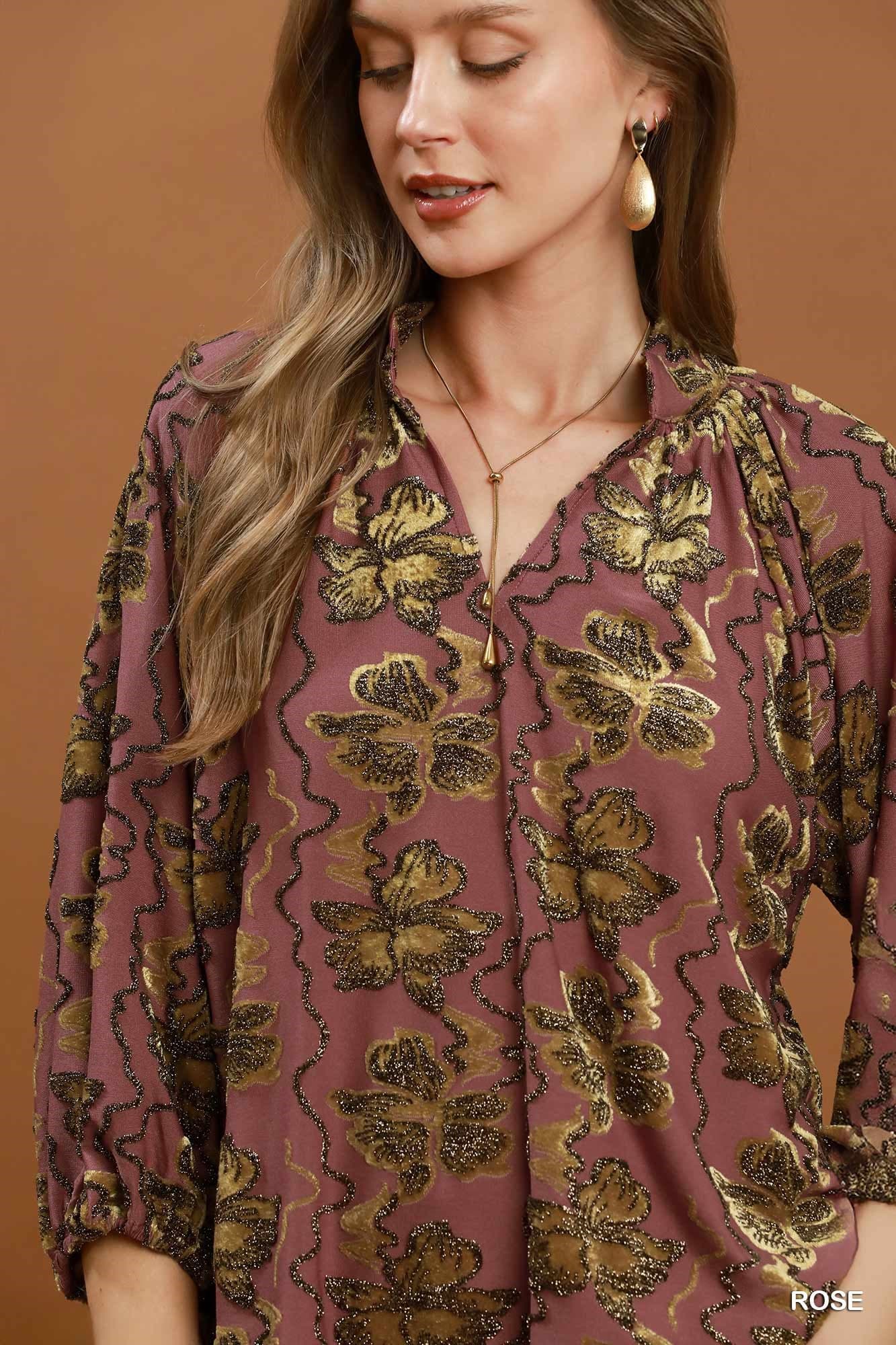 Rose Gold Shimmer Velvet Floral Blouse