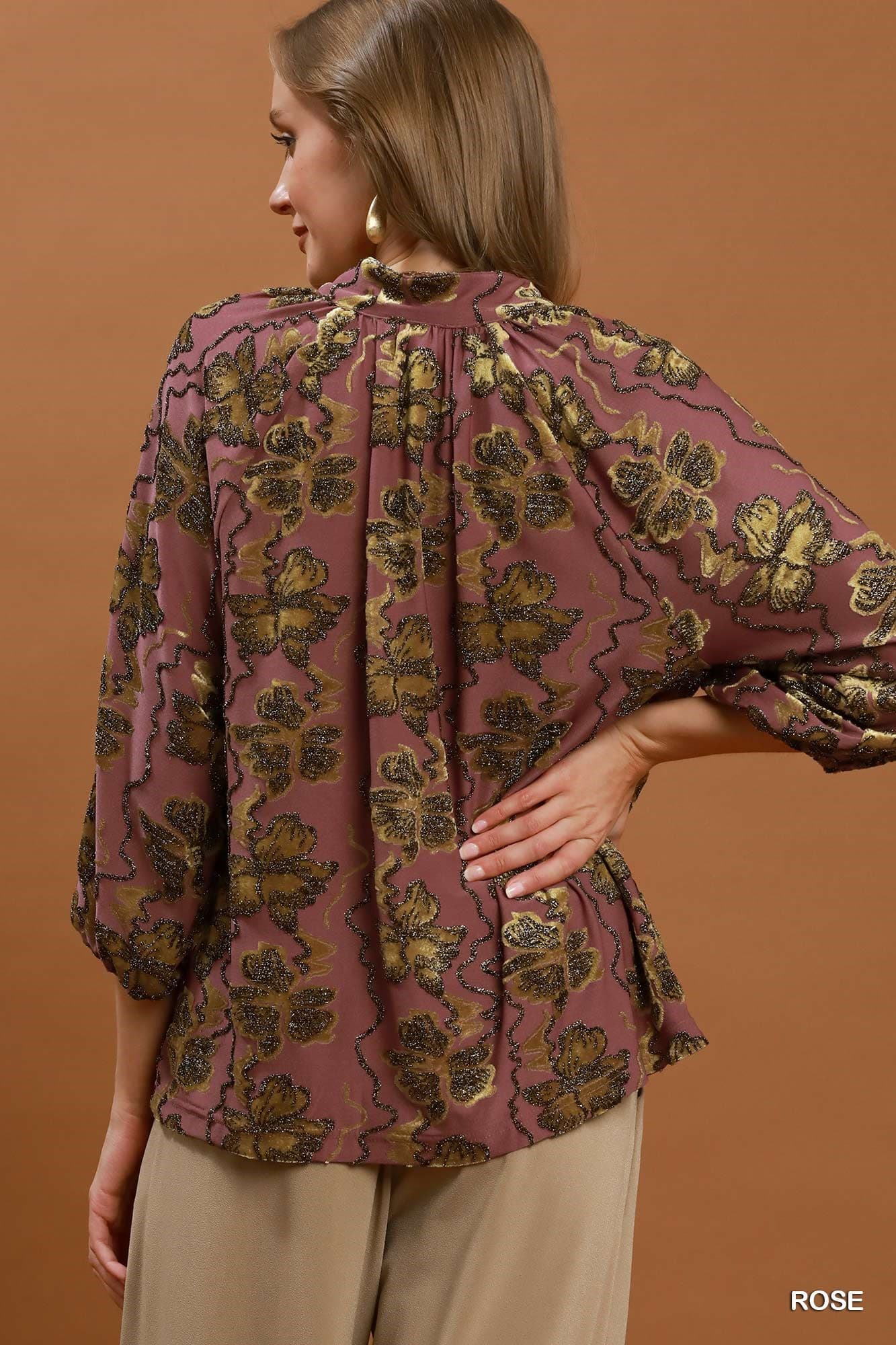 Rose Gold Shimmer Velvet Floral Blouse