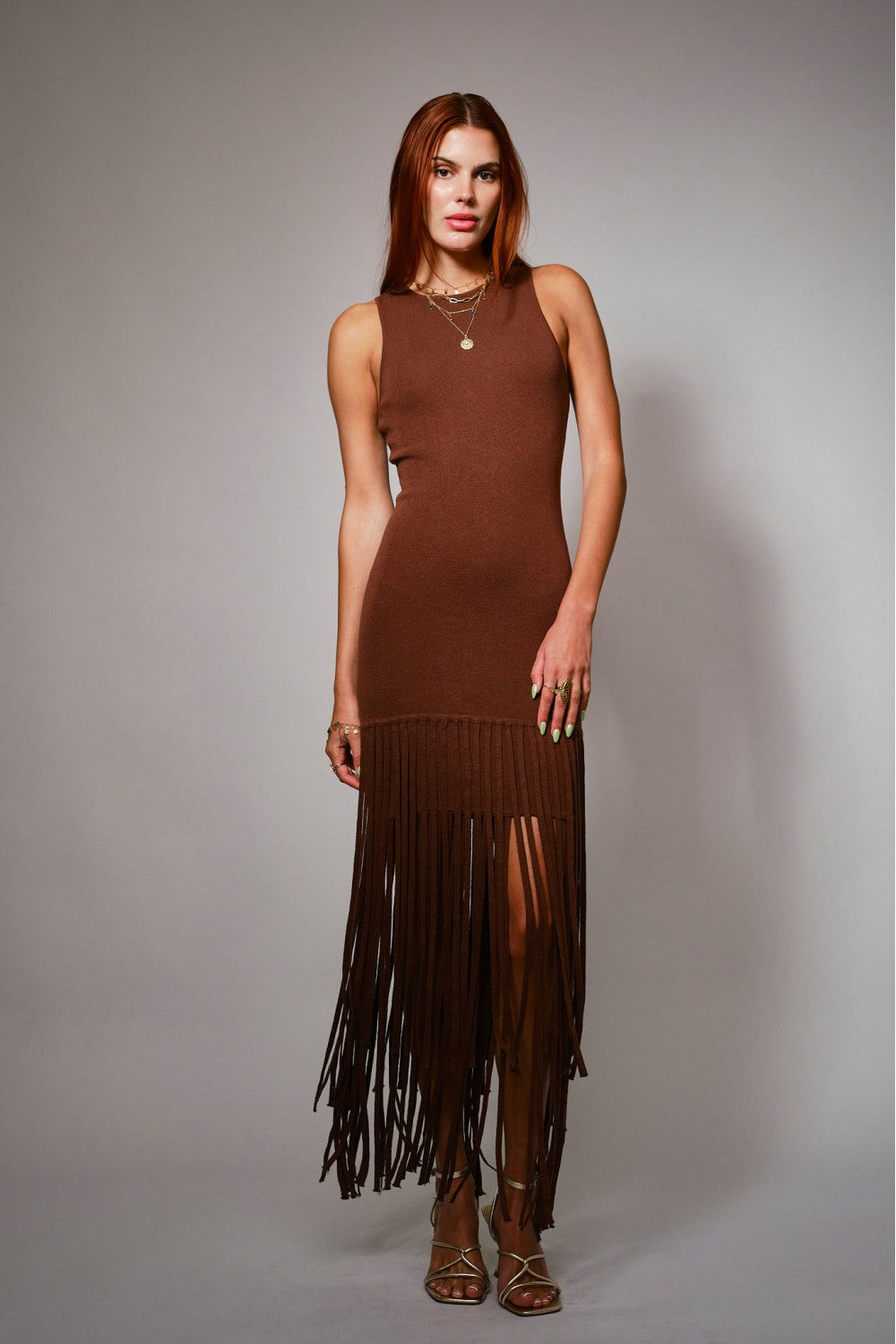 Fringe Hem Knit Maxi Dress