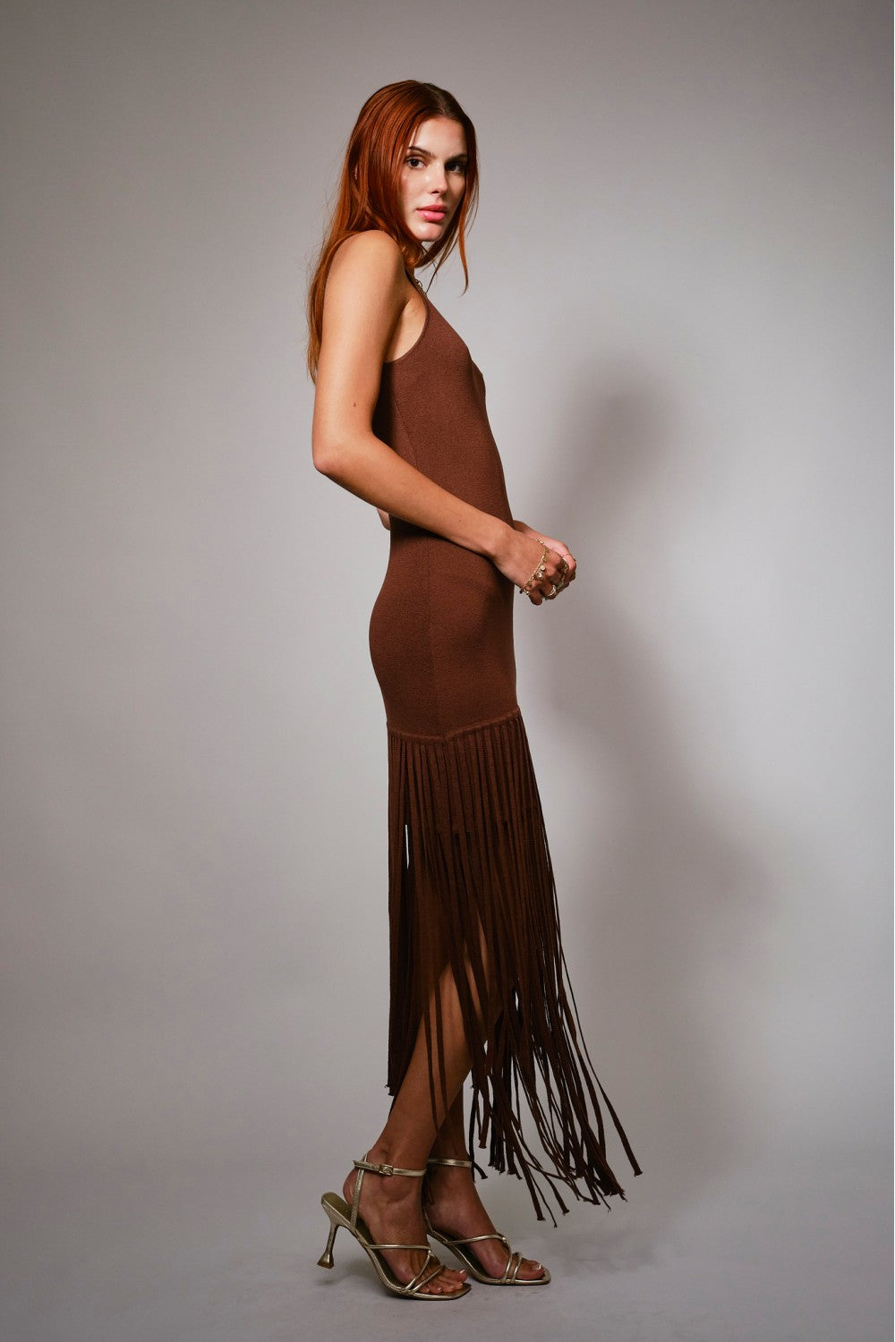 Fringe Hem Knit Maxi Dress