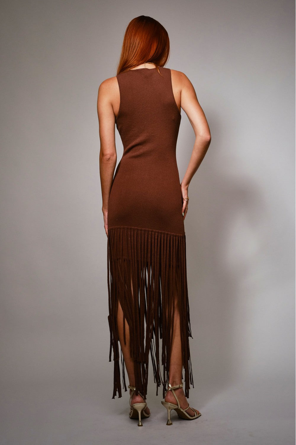 Fringe Hem Knit Maxi Dress
