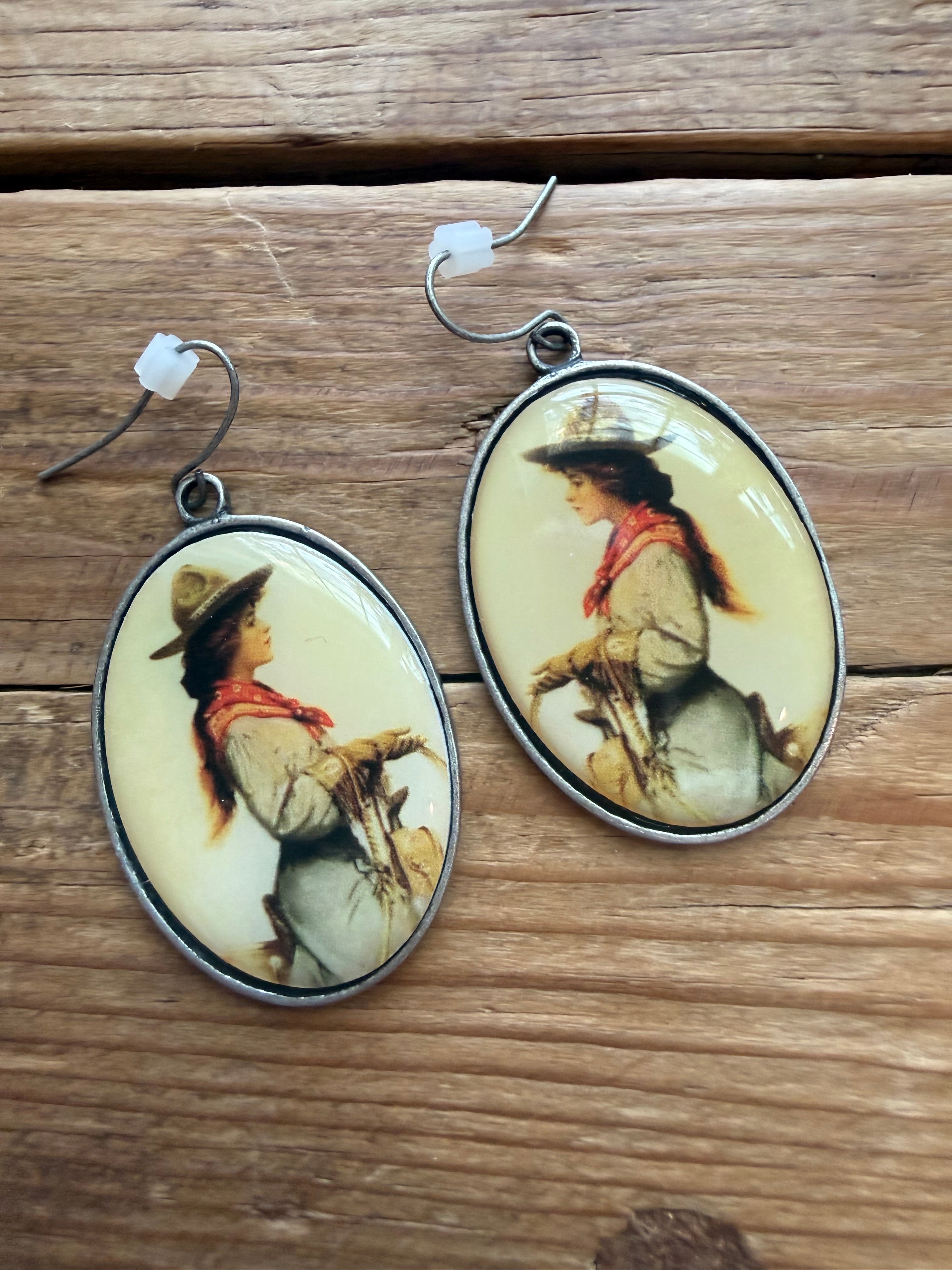 Vintage Cowgirl Cameo Earrings