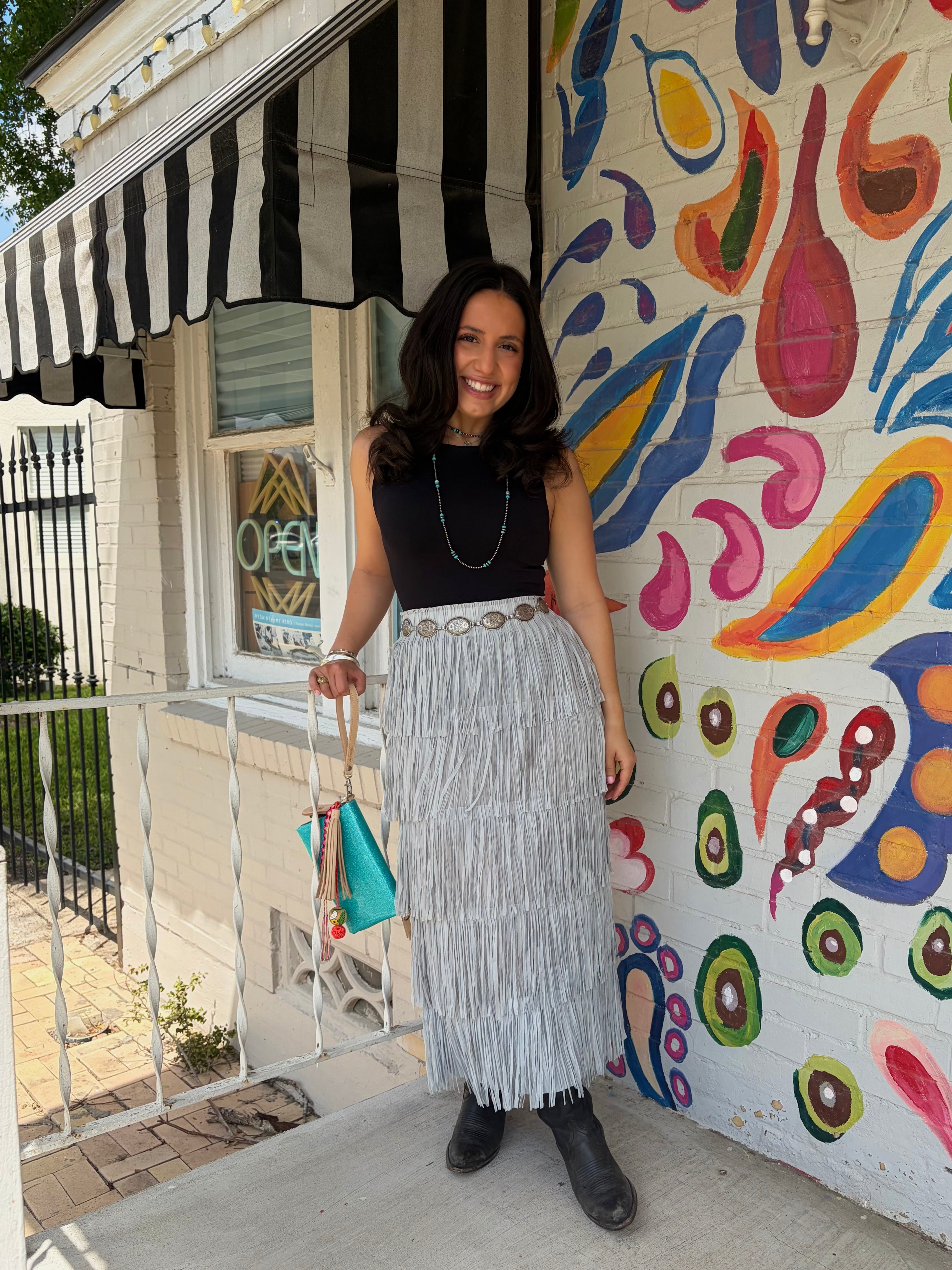 Dusty Blue All Over Fringe Skirt